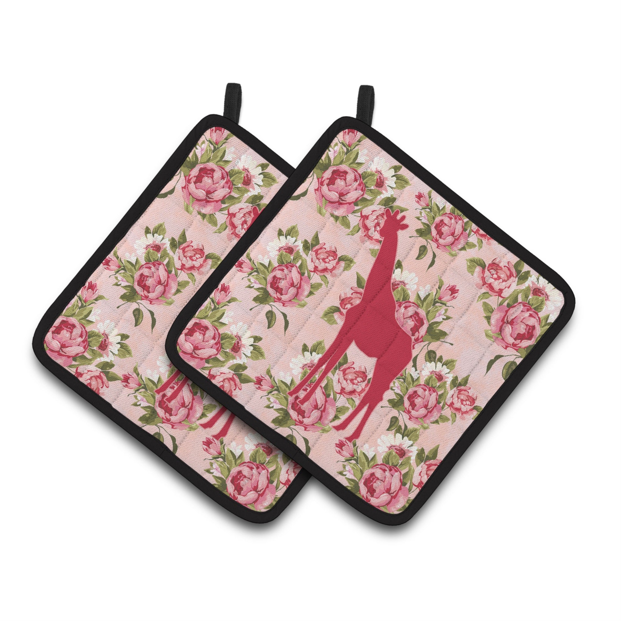 'Caroline'S Treasures Giraffe Shabby Chic Pink Roses Pair Of Pot Holders Bb1001-Rs-Pk-Pthd, 7.5Hx7.5W, Multicolor''