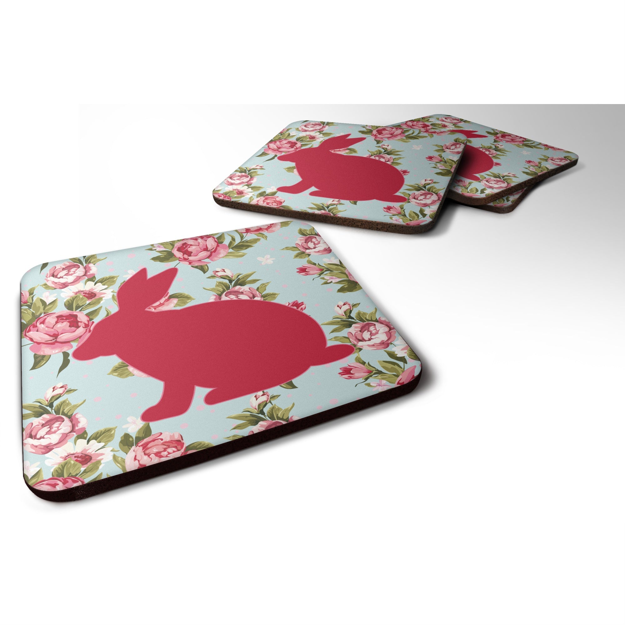 'Caroline'S Treasures Bb1002-Rs-Bu-Fc Rabbit Shabby Chic Blue Roses Foam Coasters (Set Of 4), 3.5'''' H X 3.5'''' W, Multicolor