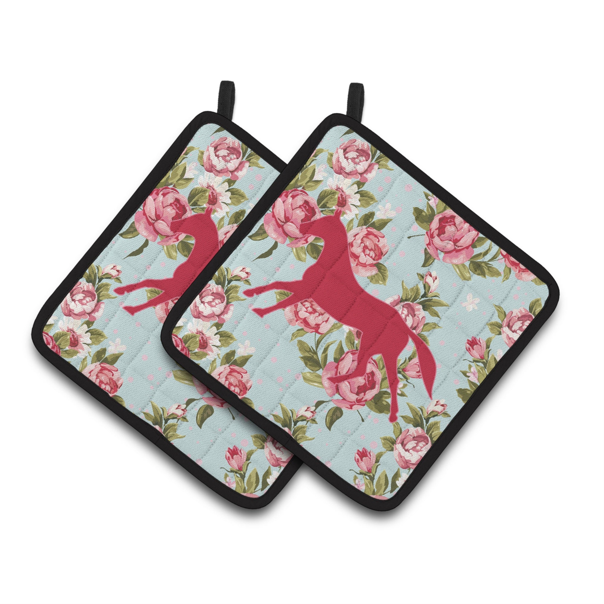 'Caroline'S Treasures Horse Shabby Chic Blue Roses Pair Of Pot Holders Bb1003-Rs-Bu-Pthd, 7.5Hx7.5W, Multicolor''