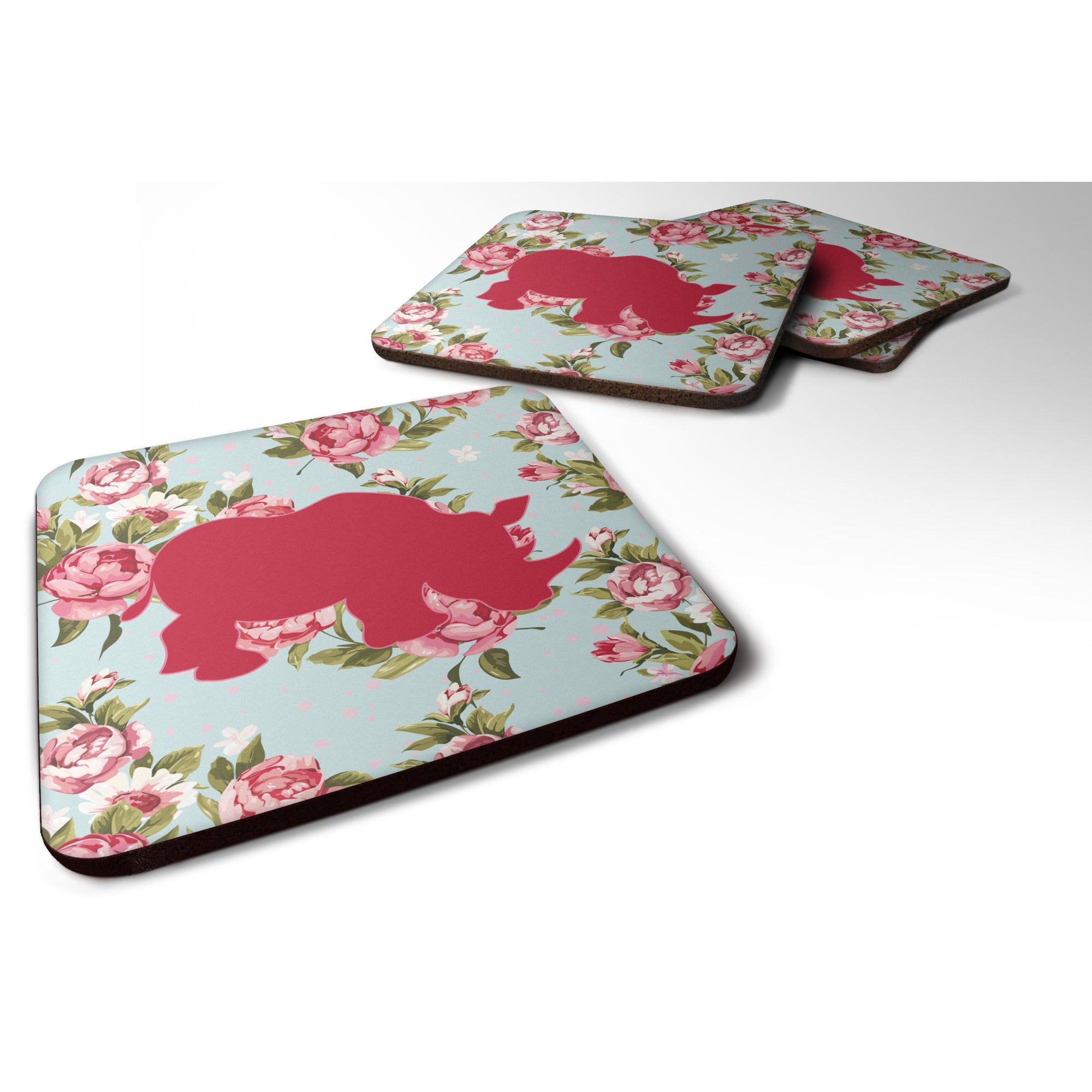 'Caroline'S Treasures Bb1006-Rs-Bu-Fc Rhinoceros Shabby Chic Blue Roses Foam Coasters (Set Of 4), 3.5'''' H X 3.5'''' W, Multic