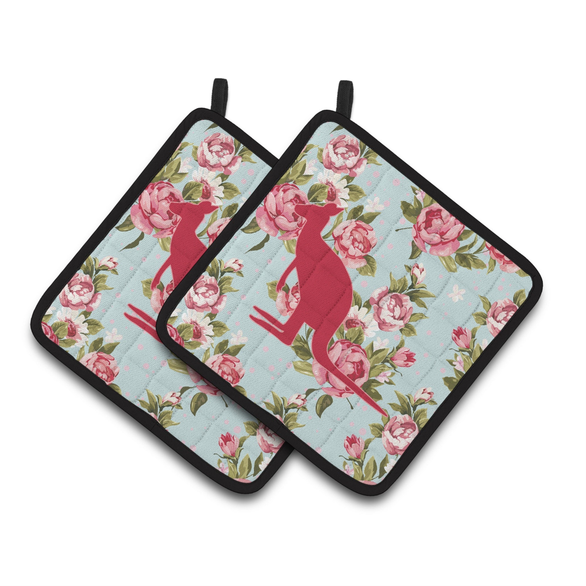 'Caroline'S Treasures Kangaroo Shabby Chic Blue Roses Pair Of Pot Holders Bb1008-Rs-Bu-Pthd, 7.5Hx7.5W, Multicolor''