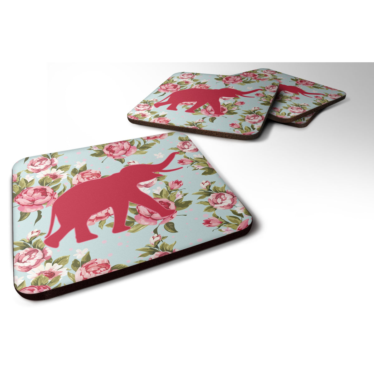 'Caroline'S Treasures Bb1011-Rs-Bu-Fc Elephant Shabby Chic Blue Roses Foam Coasters (Set Of 4), 3.5'''' H X 3.5'''' W, Multicol