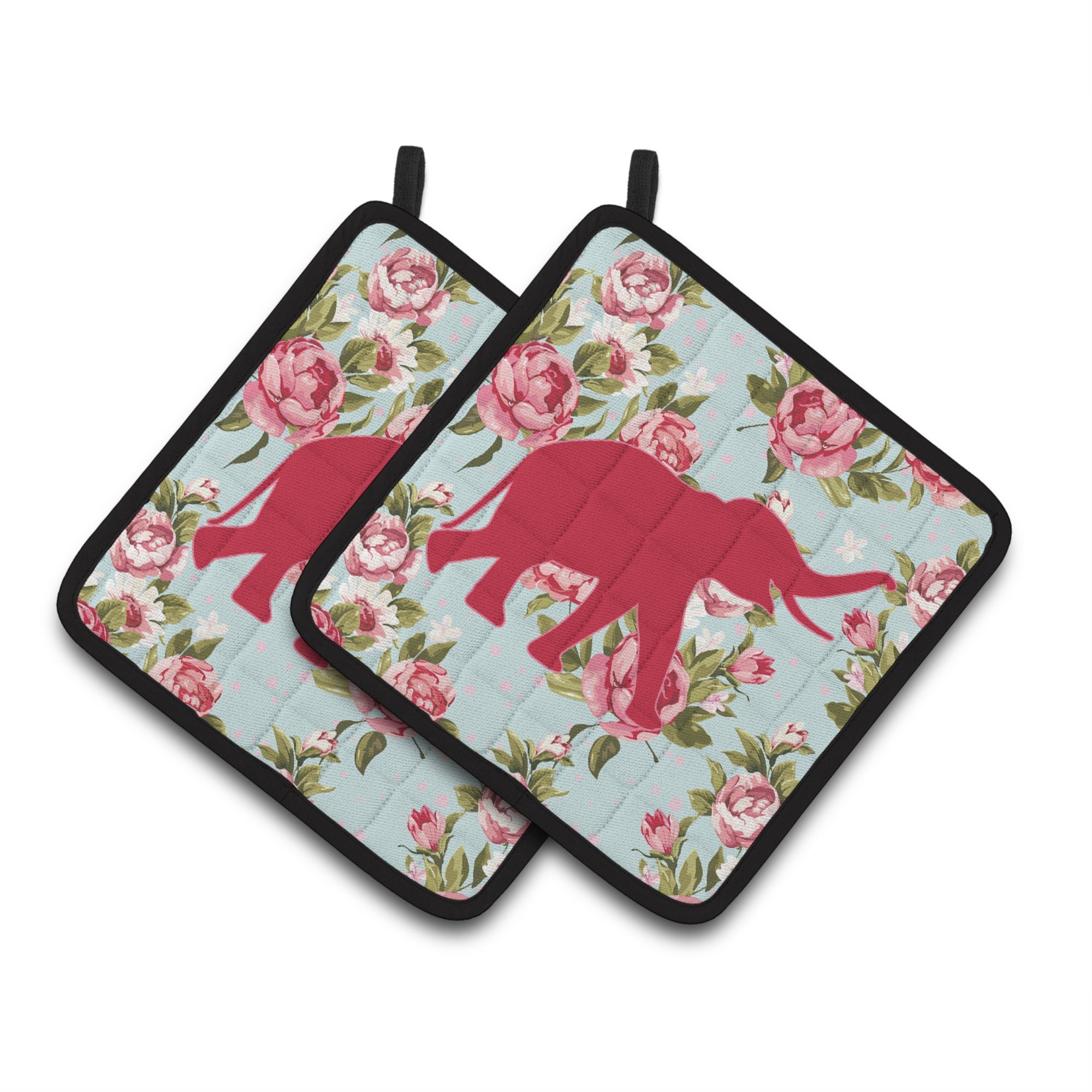 'Caroline'S Treasures Elephant Shabby Chic Blue Roses Pair Of Pot Holders Bb1011-Rs-Bu-Pthd, 7.5Hx7.5W, Multicolor''