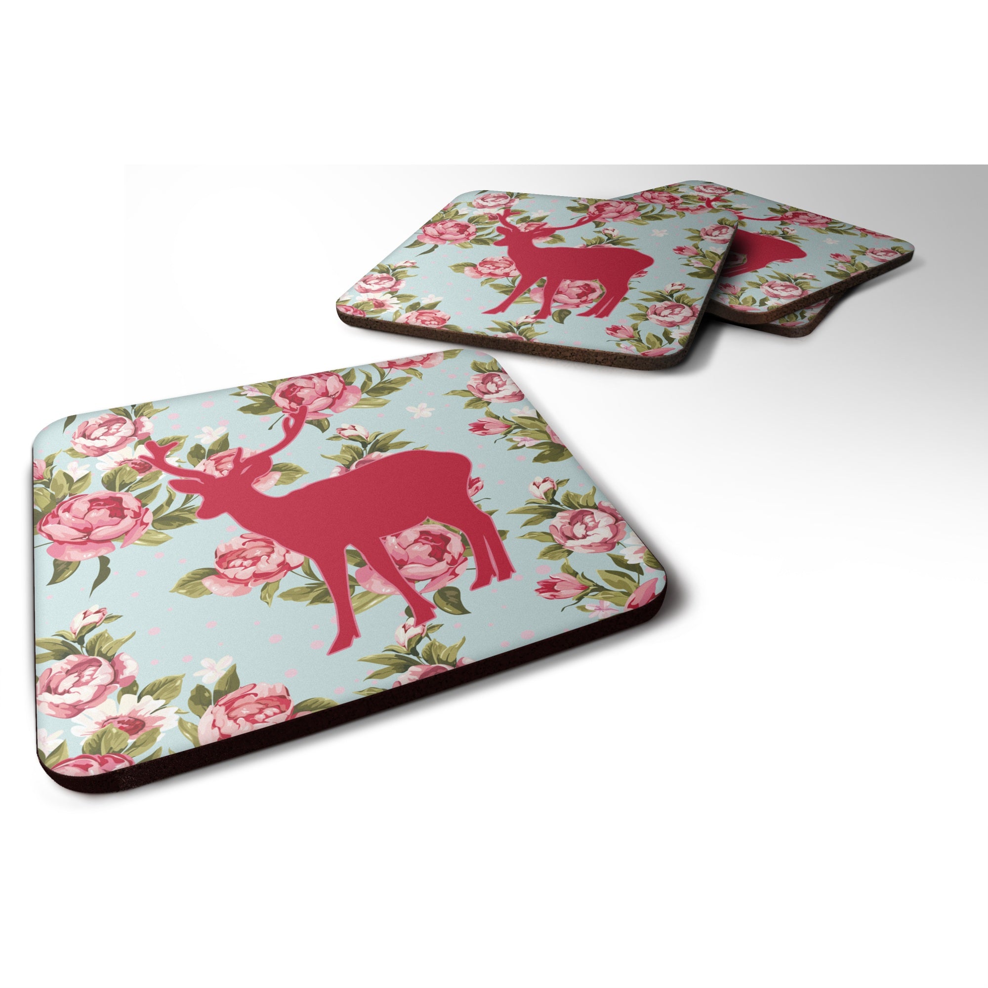 'Caroline'S Treasures Bb1012-Rs-Bu-Fc Deer Shabby Chic Blue Roses Foam Coasters (Set Of 4), 3.5'''' H X 3.5'''' W, Multicolor''