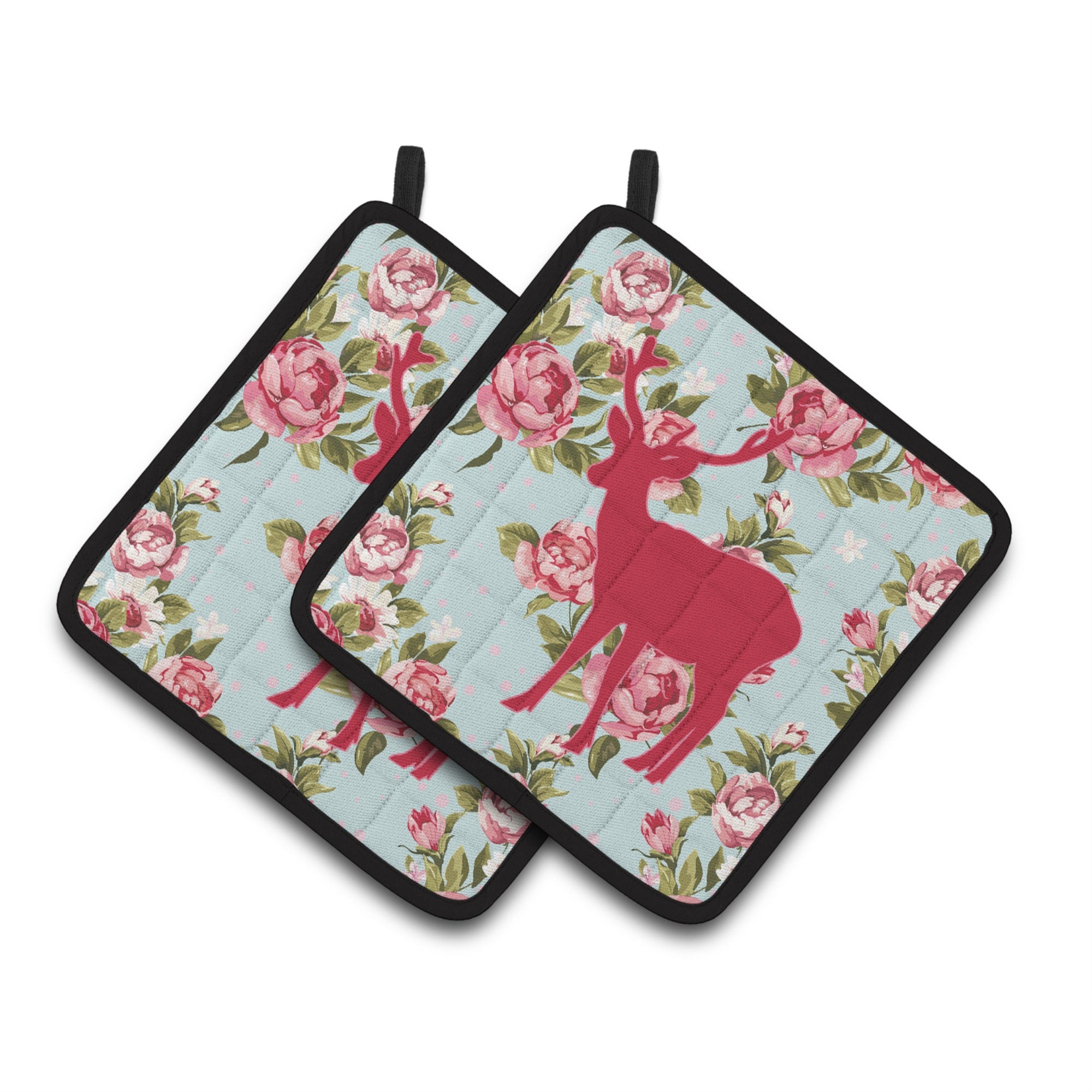 'Caroline'S Treasures Deer Shabby Chic Blue Roses Pair Of Pot Holders Bb1012-Rs-Bu-Pthd, 7.5Hx7.5W, Multicolor''