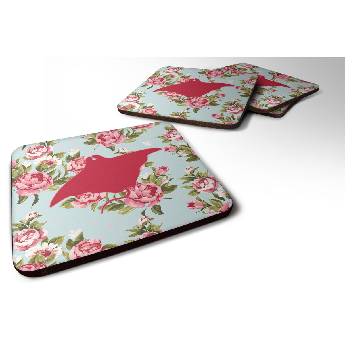 'Caroline'S Treasures Bb1014-Rs-Bu-Fc Manta Ray Shabby Chic Blue Roses Foam Coasters (Set Of 4), 3.5'''' H X 3.5'''' W, Multico