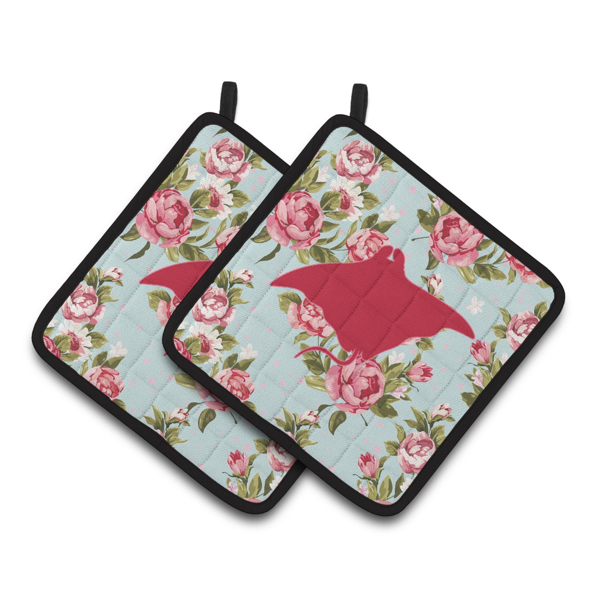 'Caroline'S Treasures Manta Ray Shabby Chic Blue Roses Pair Of Pot Holders Bb1014-Rs-Bu-Pthd, 7.5Hx7.5W, Multicolor''