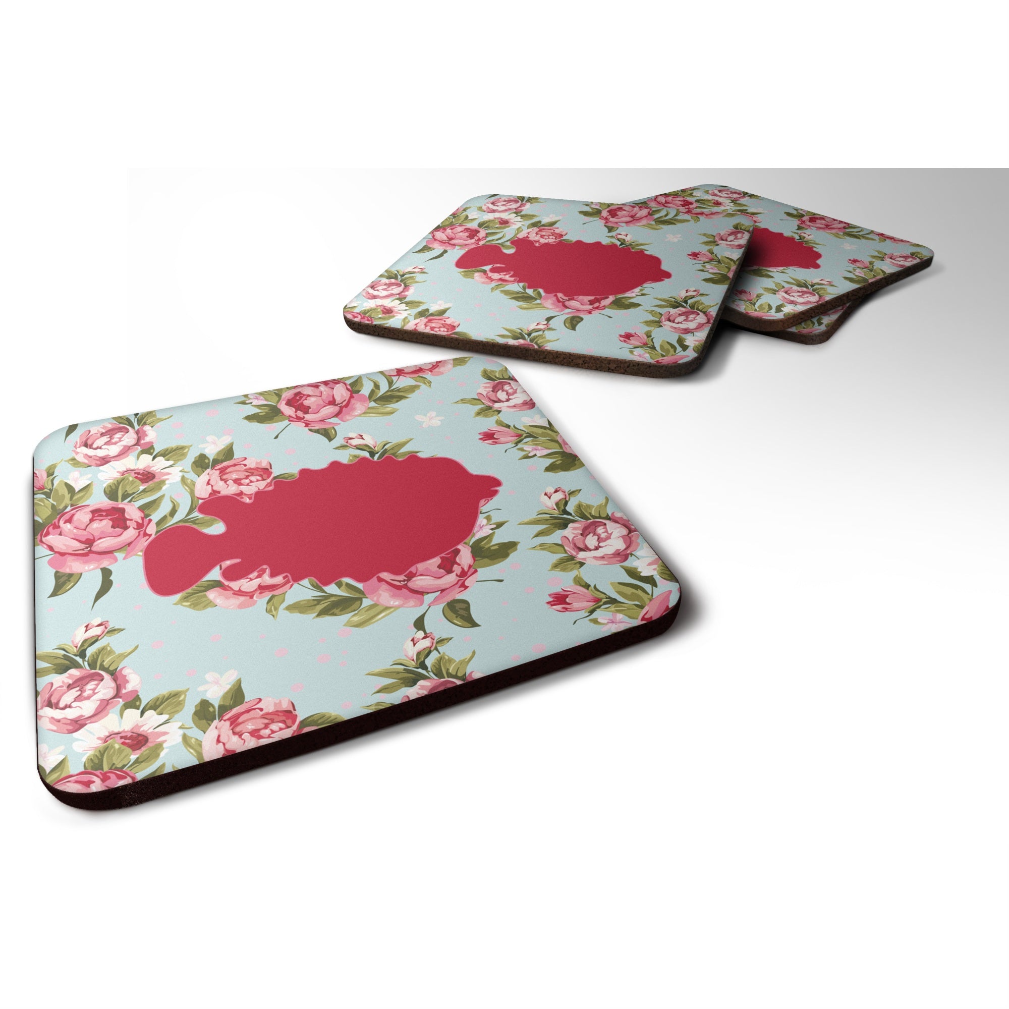 'Caroline'S Treasures Bb1016-Rs-Bu-Fc Fish-Blowfish Shabby Chic Blue Roses Foam Coasters (Set Of 4), 3.5'''' H X 3.5'''' W, Mul