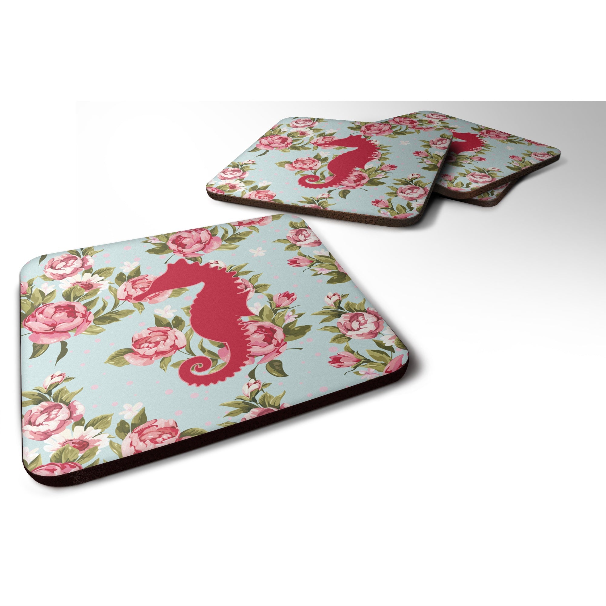 'Caroline'S Treasures Bb1018-Rs-Bu-Fc Sea Horse Shabby Chic Blue Roses Foam Coasters (Set Of 4), 3.5'''' H X 3.5'''' W, Multico