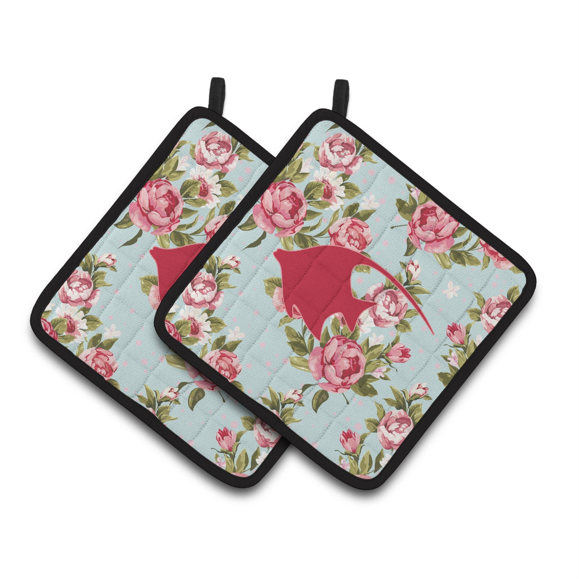 'Caroline'S Treasures Fish - Angel Fish Shabby Chic Blue Roses Pair Of Pot Holders Bb1019-Rs-Bu-Pthd, 7.5Hx7.5W, Multicolor''