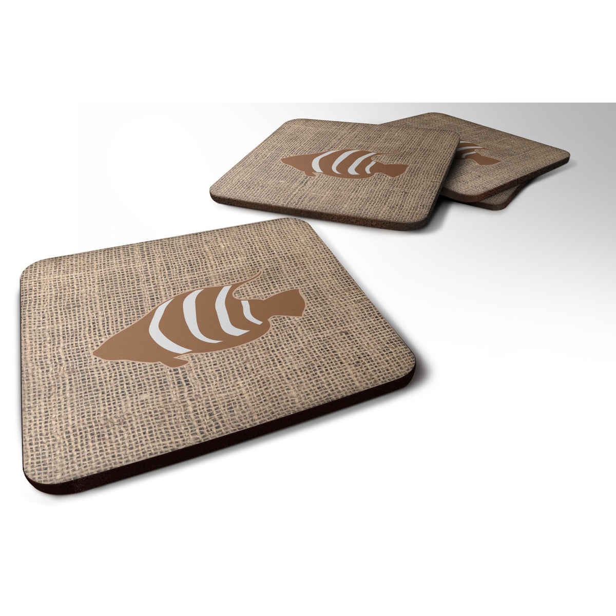 'Caroline'S Treasures Bb1020-Bl-Bn-Fc Fish Burlap And Brown Foam Coasters (Set Of 4), 3.5'''' H X 3.5'''' W, Multicolor''
