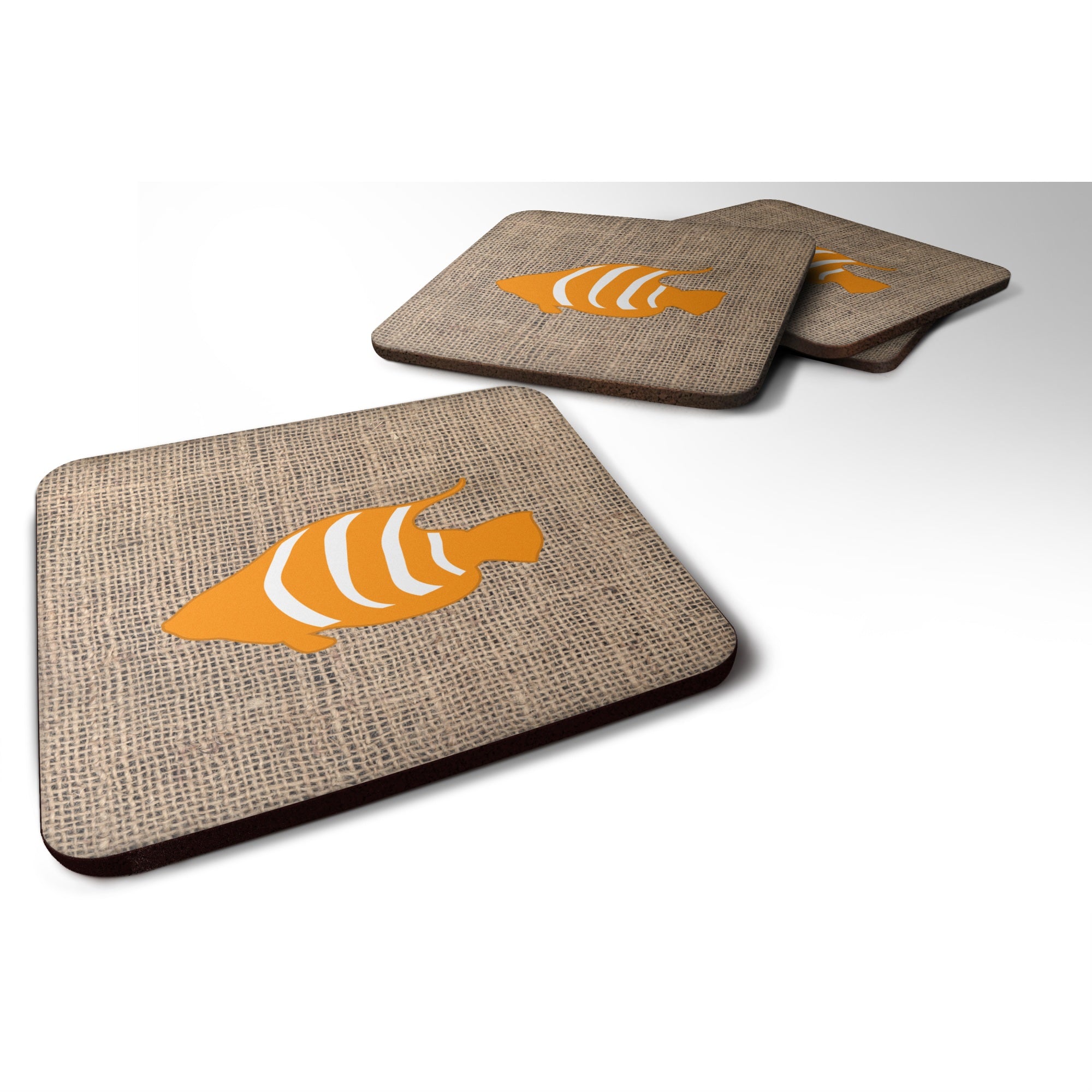 'Caroline'S Treasures Bb1020-Bl-Or-Fc Fish Burlap And Orange Foam Coasters (Set Of 4), 3.5'''' H X 3.5'''' W, Multicolor''