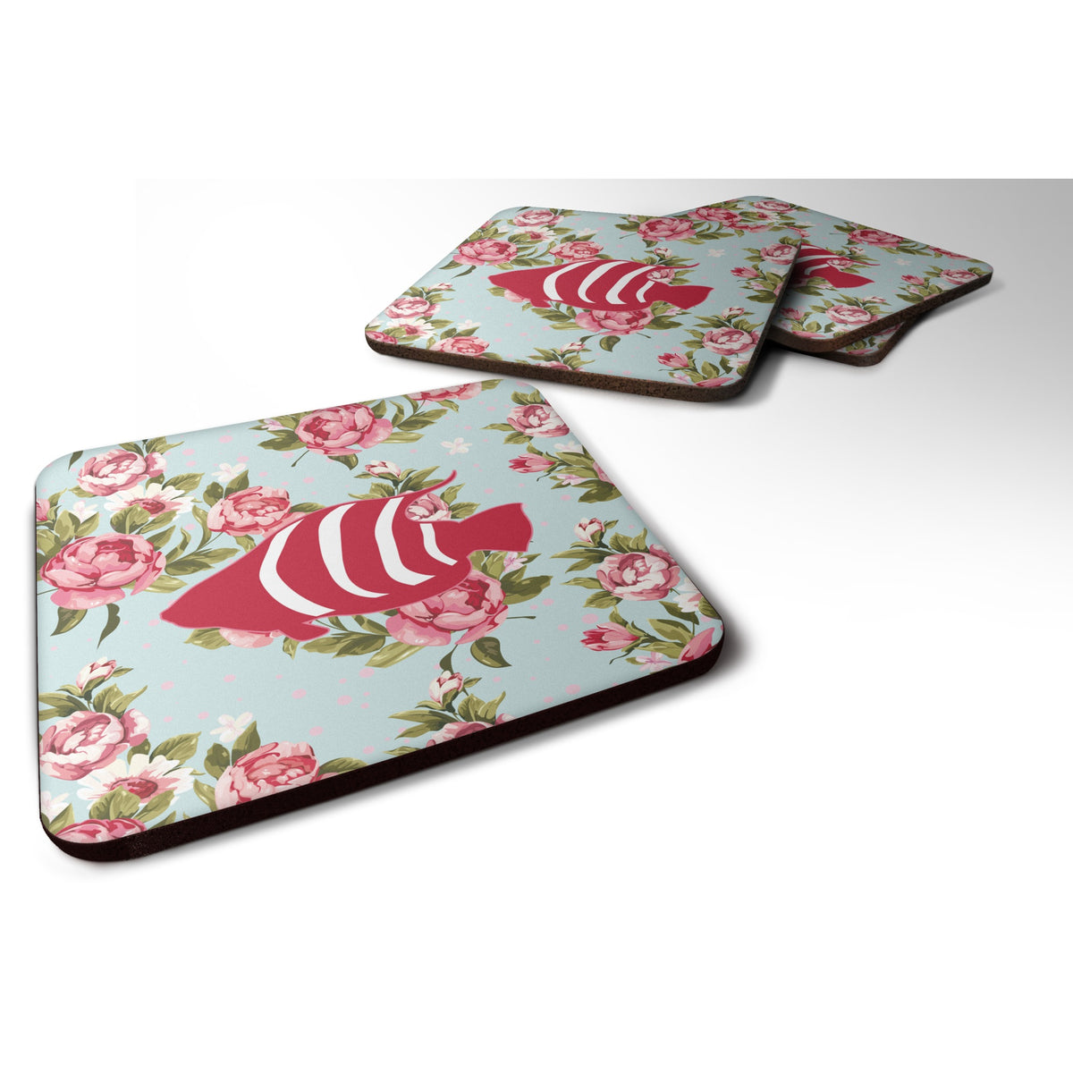 'Caroline'S Treasures Bb1020-Rs-Bu-Fc Fish Shabby Chic Blue Roses Foam Coasters (Set Of 4), 3.5'''' H X 3.5'''' W, Multicolor''