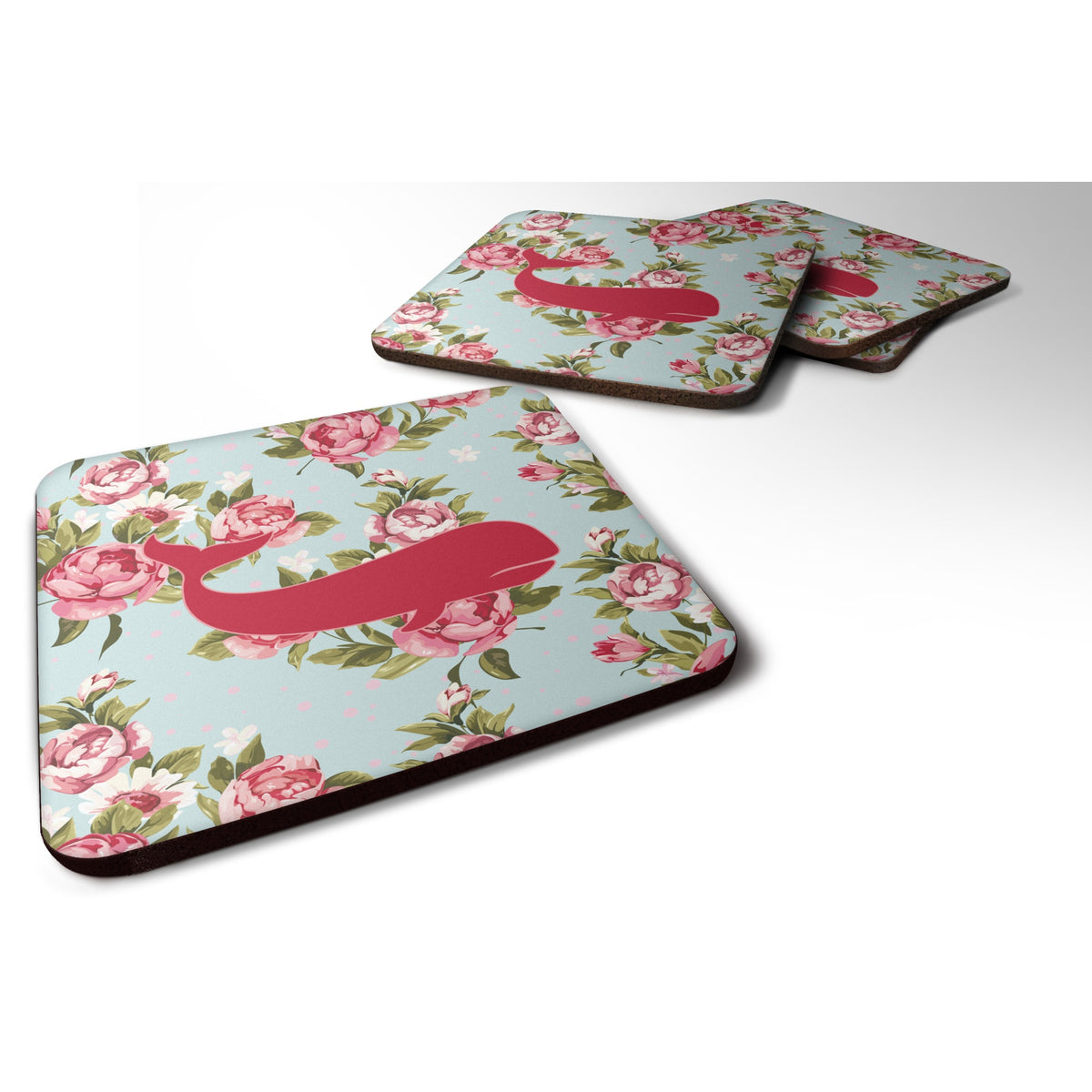 'Caroline'S Treasures Bb1021-Rs-Bu-Fc Whale Shabby Chic Blue Roses Foam Coasters (Set Of 4), 3.5'''' H X 3.5'''' W, Multicolor'