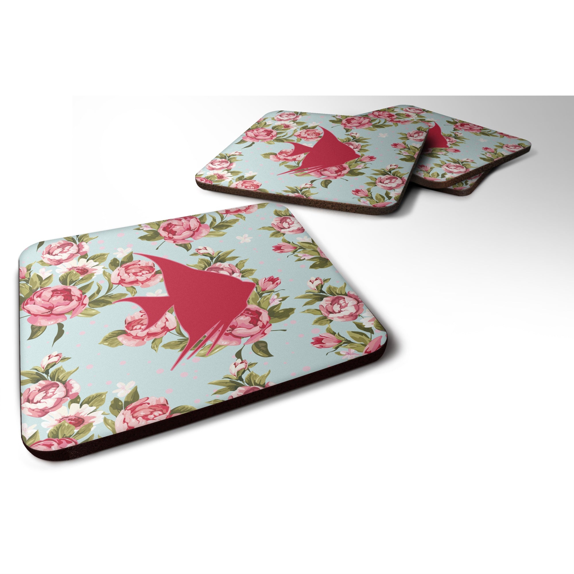 'Caroline'S Treasures Bb1022-Rs-Bu-Fc Fish-Angel Fish Shabby Chic Blue Roses Foam Coasters (Set Of 4), 3.5'''' H X 3.5'''' W, M