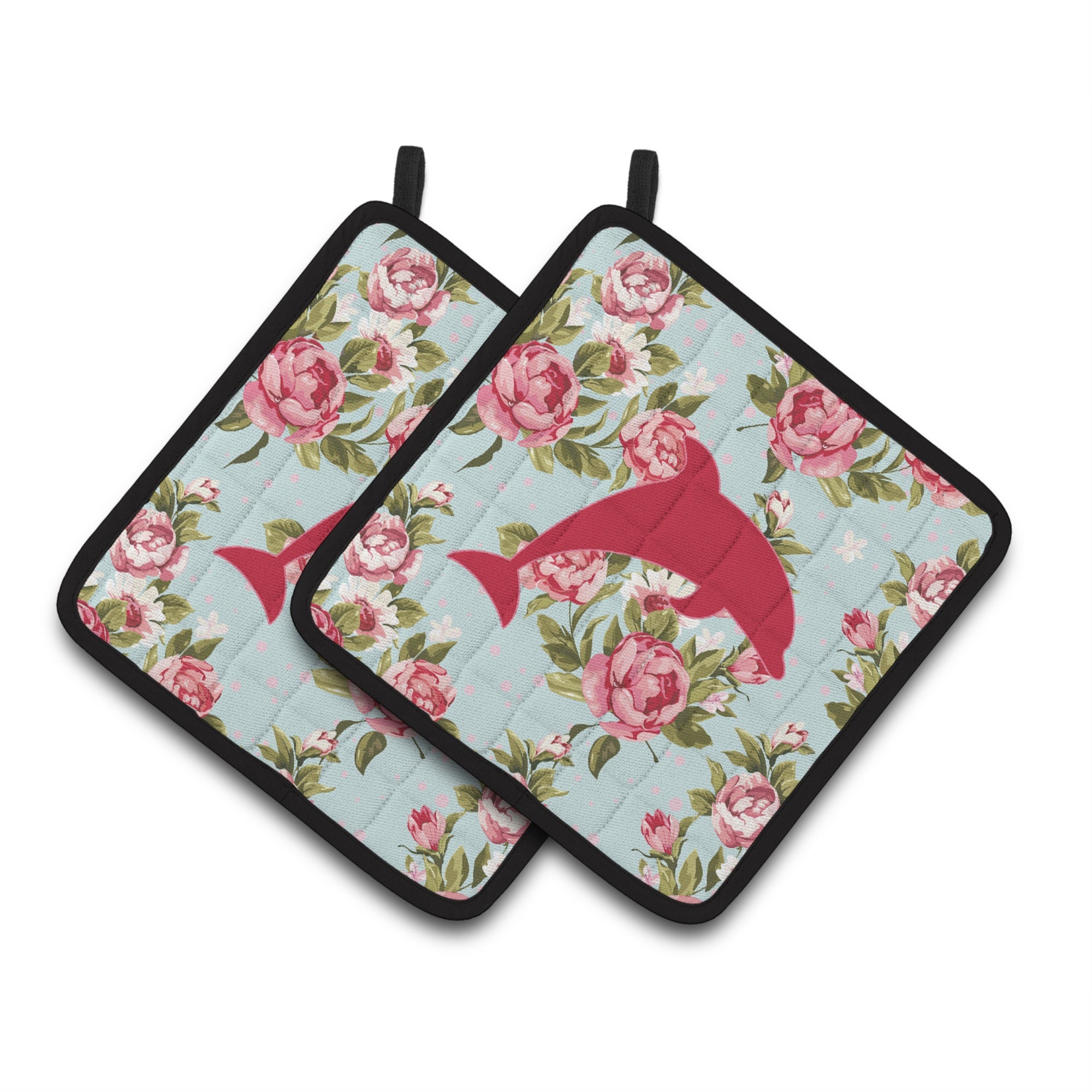 'Caroline'S Treasures Dolphin Shabby Chic Blue Roses Pair Of Pot Holders Bb1025-Rs-Bu-Pthd, 7.5Hx7.5W, Multicolor''