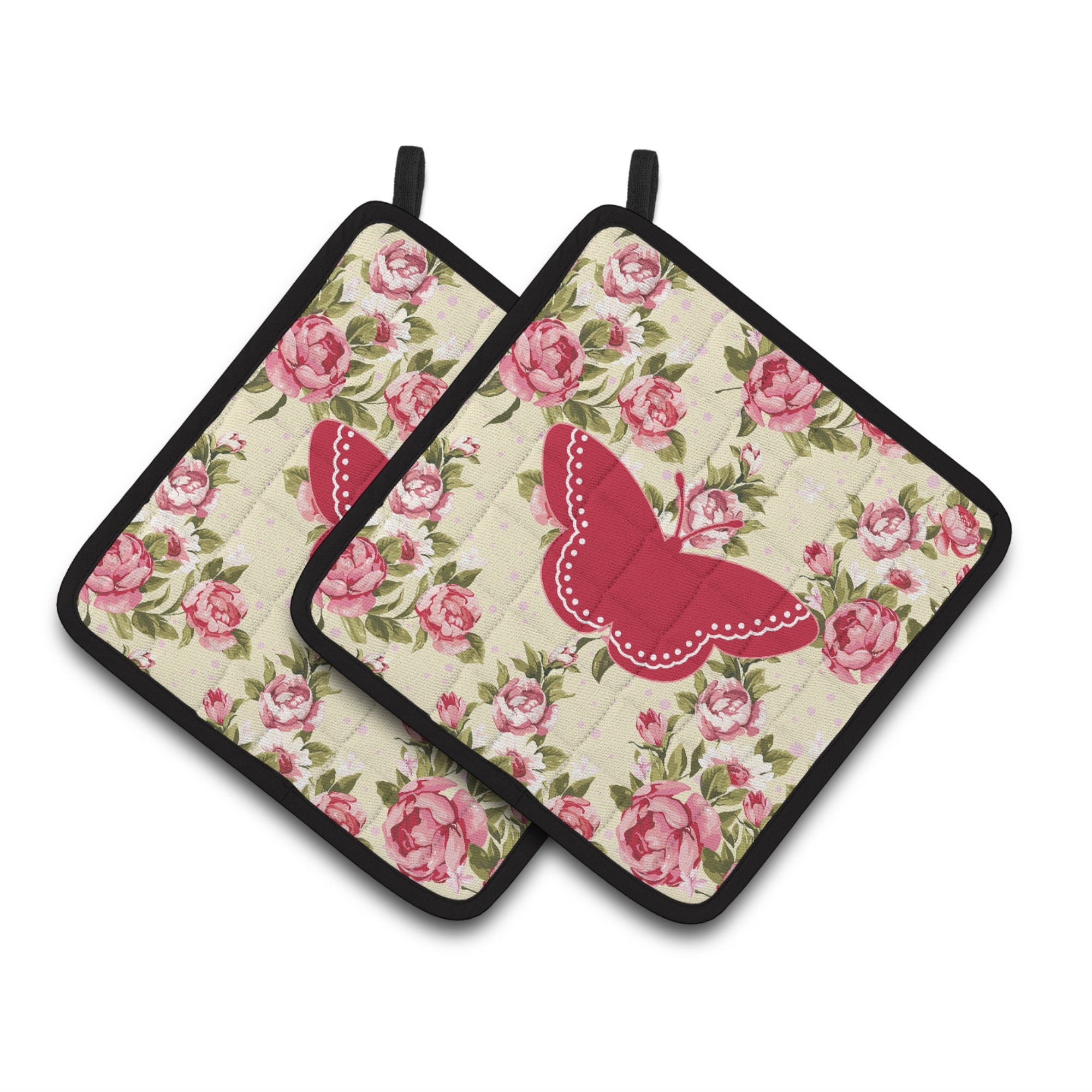 'Caroline'S Treasures Butterfly Shabby Chic Yellow Roses Pair Of Pot Holders Bb1032-Rs-Yw-Pthd, 7.5Hx7.5W, Multicolor''