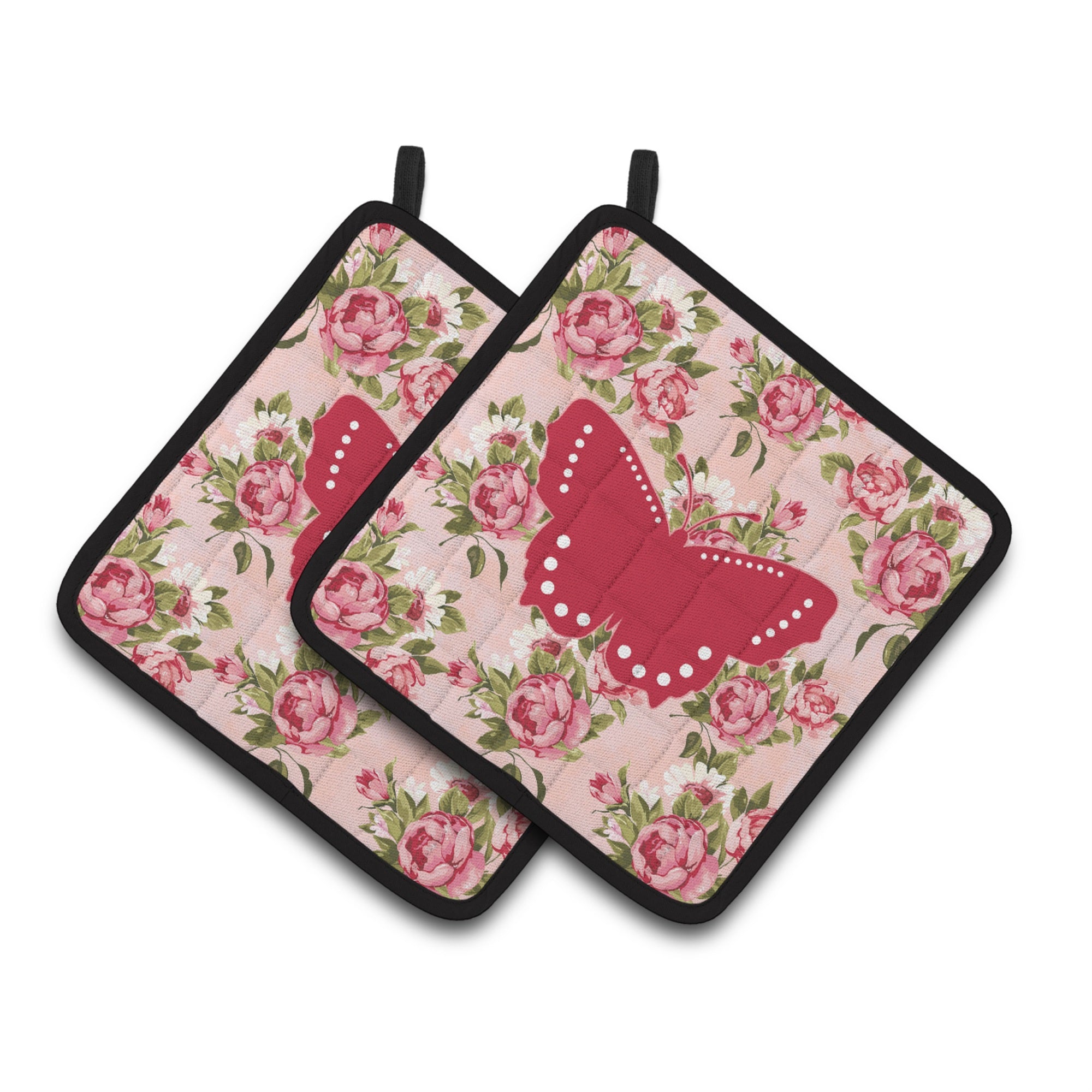 'Caroline'S Treasures Butterfly Shabby Chic Pink Roses Pair Of Pot Holders Bb1033-Rs-Pk-Pthd, 7.5Hx7.5W, Multicolor''