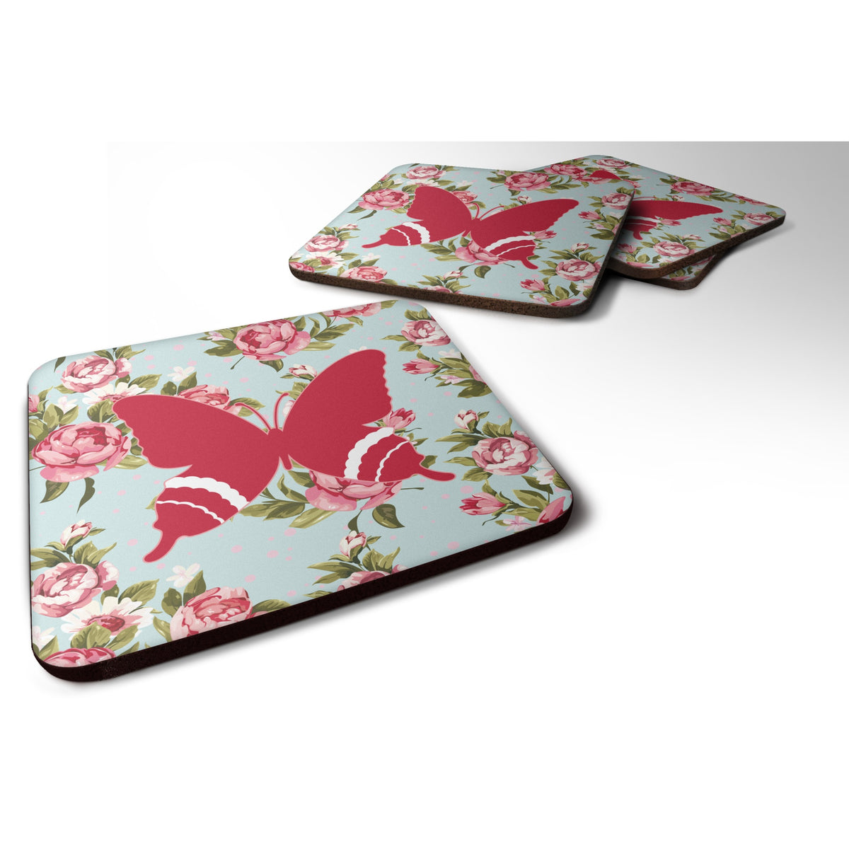 'Caroline'S Treasures Bb1034-Rs-Bu-Fc Butterfly Shabby Chic Blue Roses Foam Coasters (Set Of 4), 3.5'''' H X 3.5'''' W, Multico