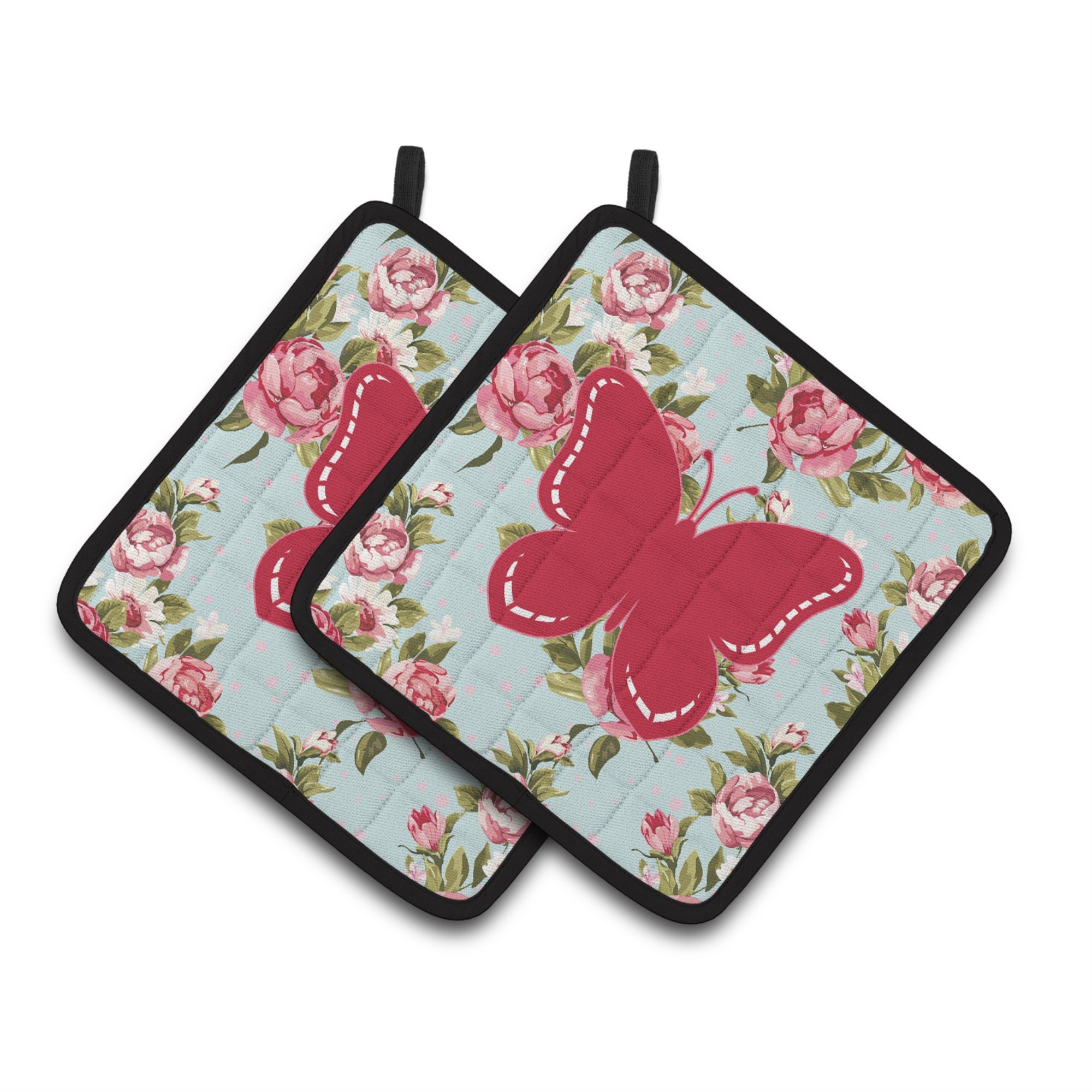 'Caroline'S Treasures Butterfly Shabby Chic Blue Roses Pair Of Pot Holders Bb1035-Rs-Bu-Pthd, 7.5Hx7.5W, Multicolor''