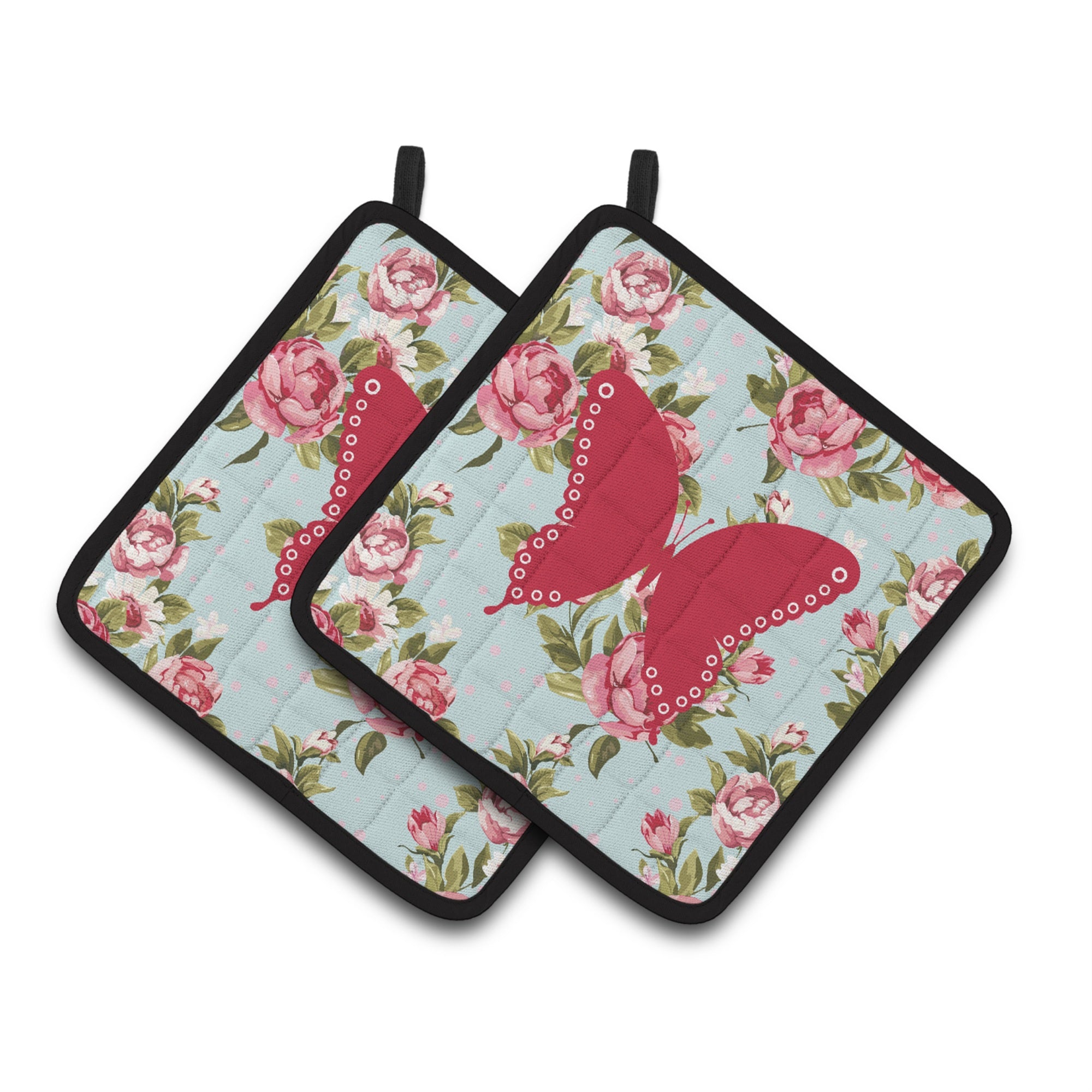 'Caroline'S Treasures Butterfly Shabby Chic Blue Roses Pair Of Pot Holders Bb1036-Rs-Bu-Pthd, 7.5Hx7.5W, Multicolor''