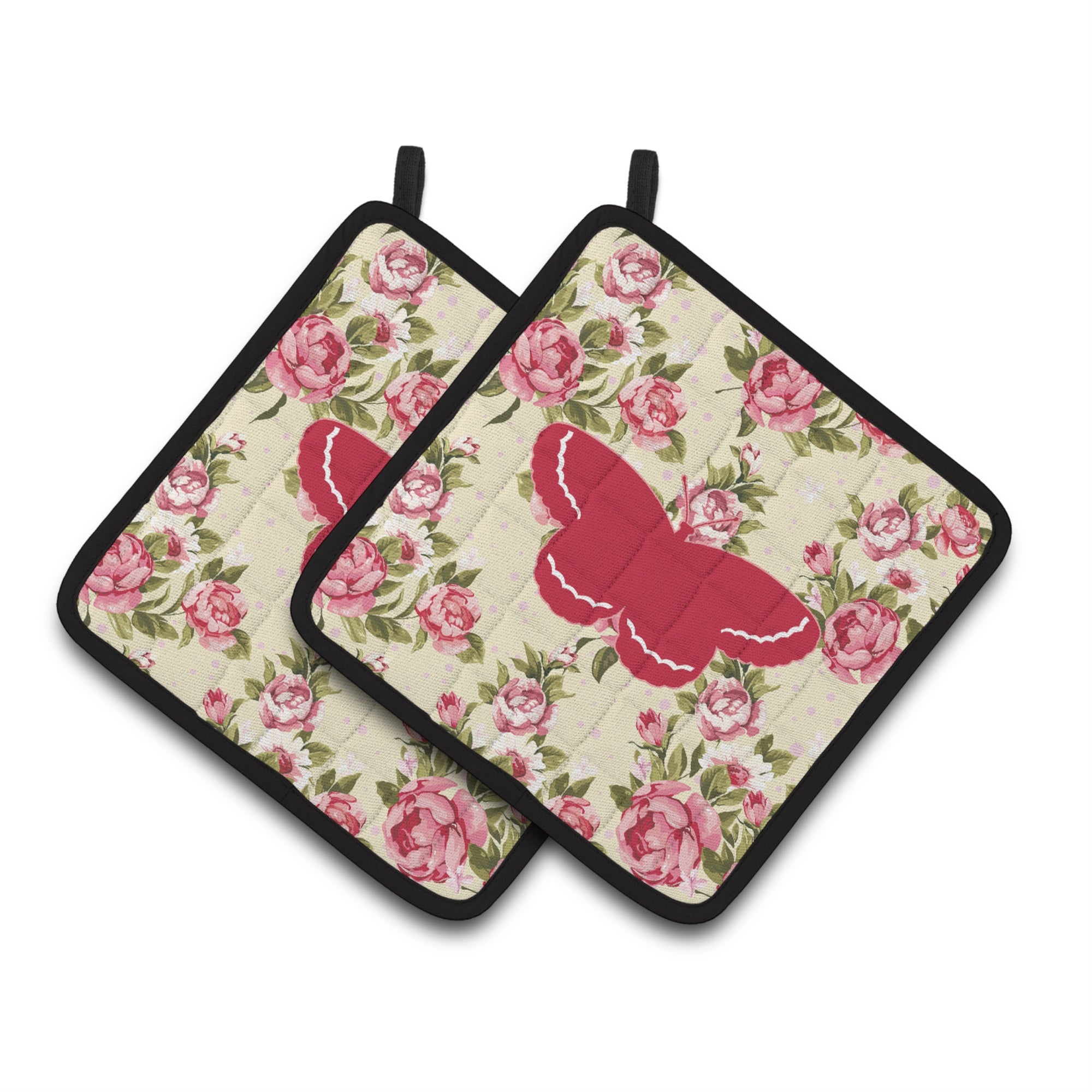 'Caroline'S Treasures Butterfly Shabby Chic Yellow Roses Pair Of Pot Holders Bb1040-Rs-Yw-Pthd, 7.5Hx7.5W, Multicolor''