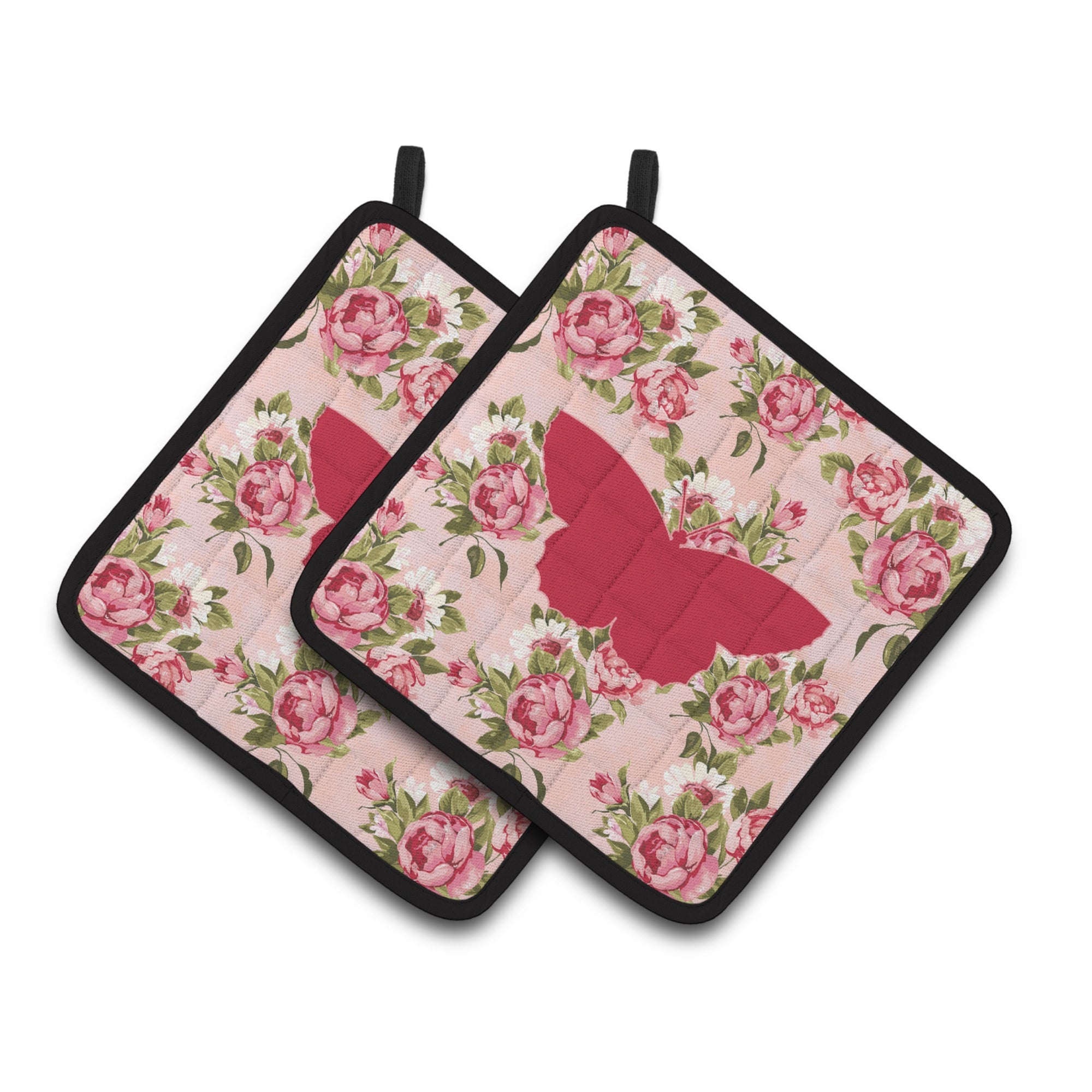 'Caroline'S Treasures Butterfly Shabby Chic Pink Roses Pair Of Pot Holders Bb1041-Rs-Pk-Pthd, 7.5Hx7.5W, Multicolor''