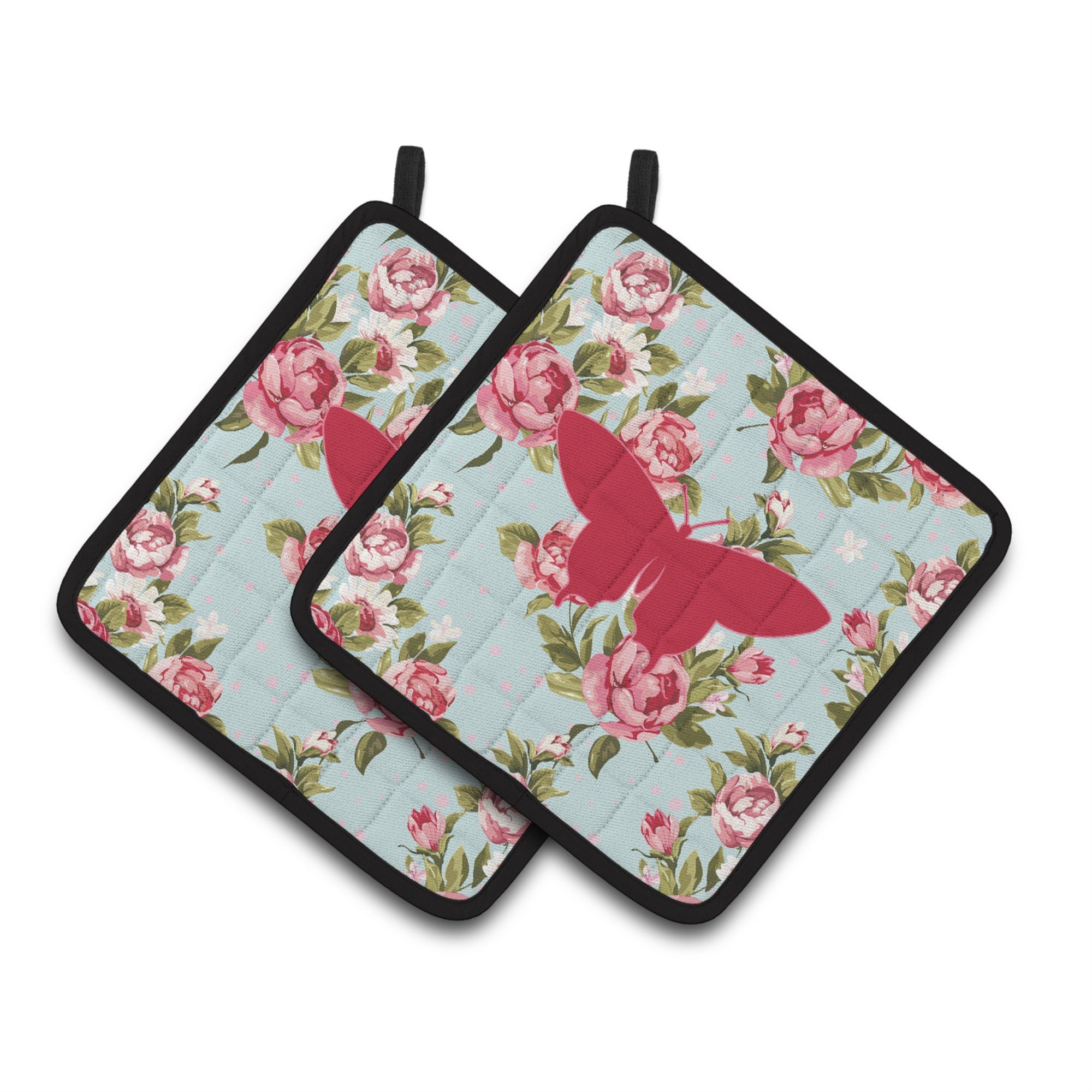 'Caroline'S Treasures Butterfly Shabby Chic Blue Roses Pair Of Pot Holders Bb1042-Rs-Bu-Pthd, 7.5Hx7.5W, Multicolor''