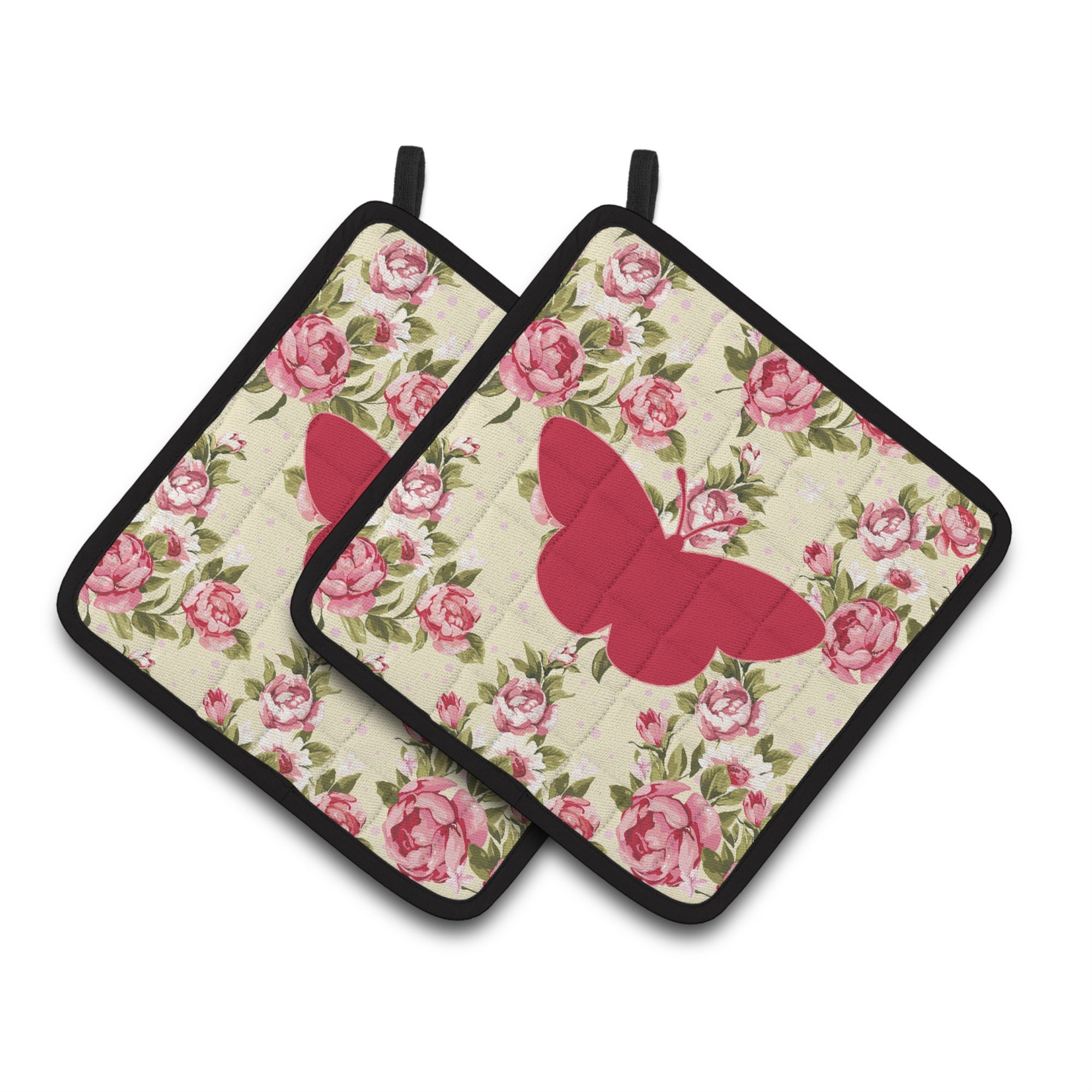 'Caroline'S Treasures Butterfly Shabby Chic Yellow Roses Pair Of Pot Holders Bb1044-Rs-Yw-Pthd, 7.5Hx7.5W, Multicolor''