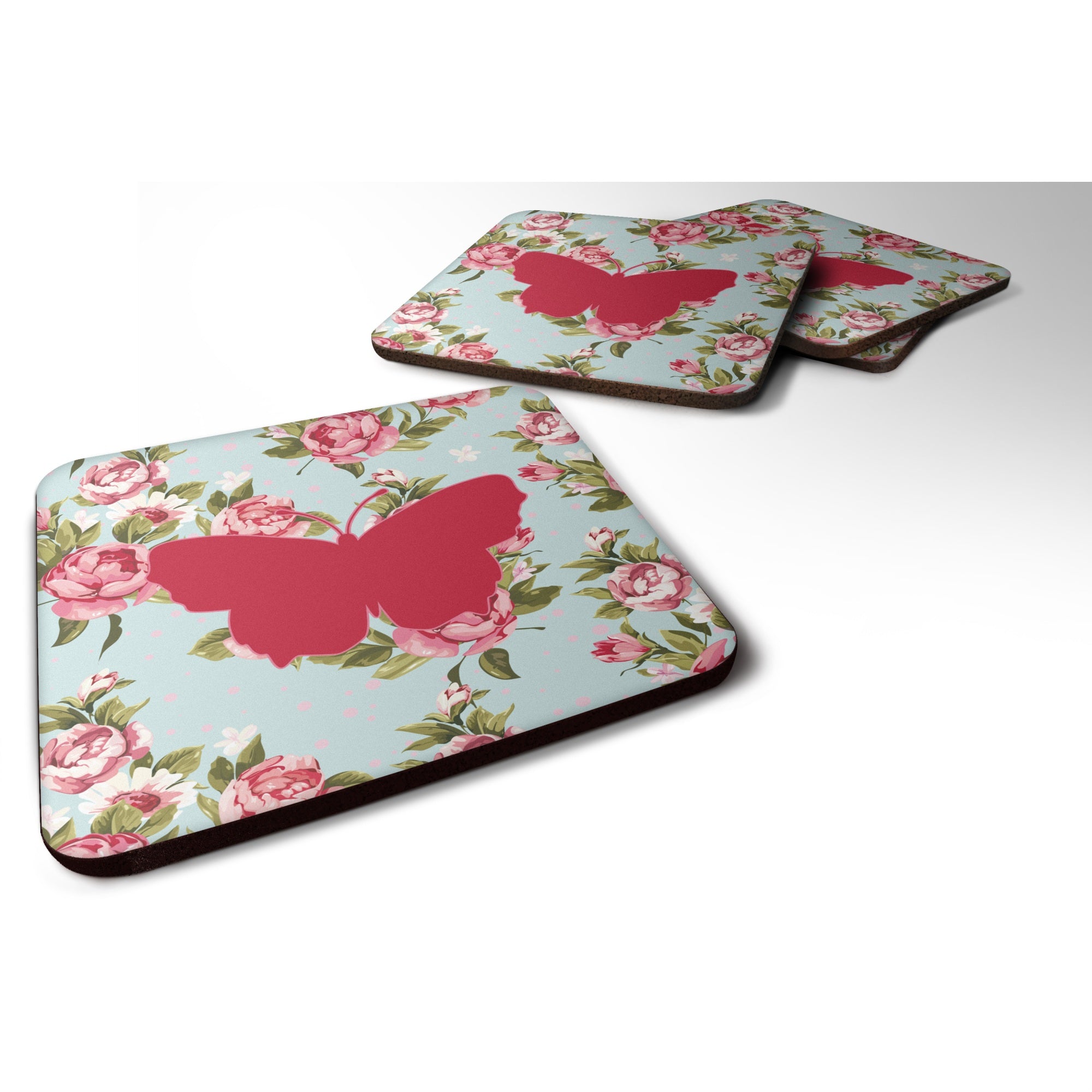 'Caroline'S Treasures Bb1045-Rs-Bu-Fc Butterfly Shabby Chic Blue Roses Foam Coasters (Set Of 4), 3.5'''' H X 3.5'''' W, Multico