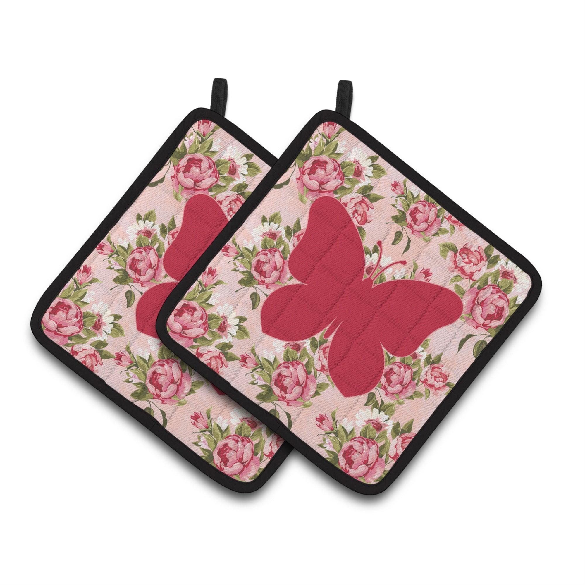 'Caroline'S Treasures Butterfly Shabby Chic Pink Roses Pair Of Pot Holders Bb1047-Rs-Pk-Pthd, 7.5Hx7.5W, Multicolor''