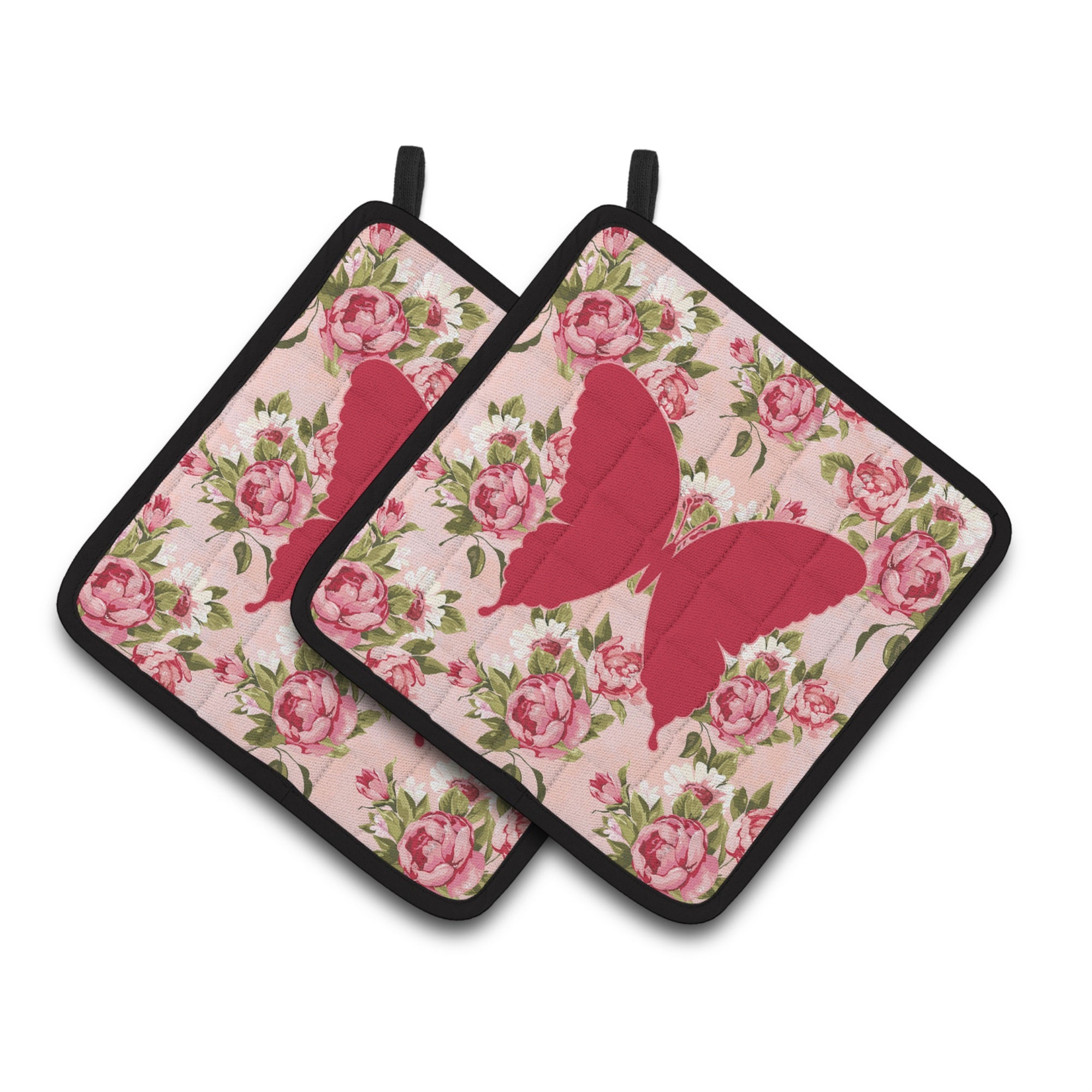 'Caroline'S Treasures Butterfly Shabby Chic Pink Roses Pair Of Pot Holders Bb1048-Rs-Pk-Pthd, 7.5Hx7.5W, Multicolor''