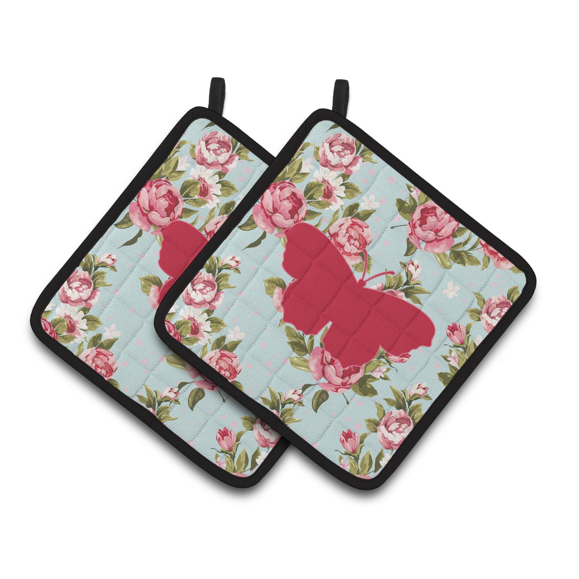 'Caroline'S Treasures Butterfly Shabby Chic Blue Roses Pair Of Pot Holders Bb1049-Rs-Bu-Pthd, 7.5Hx7.5W, Multicolor''