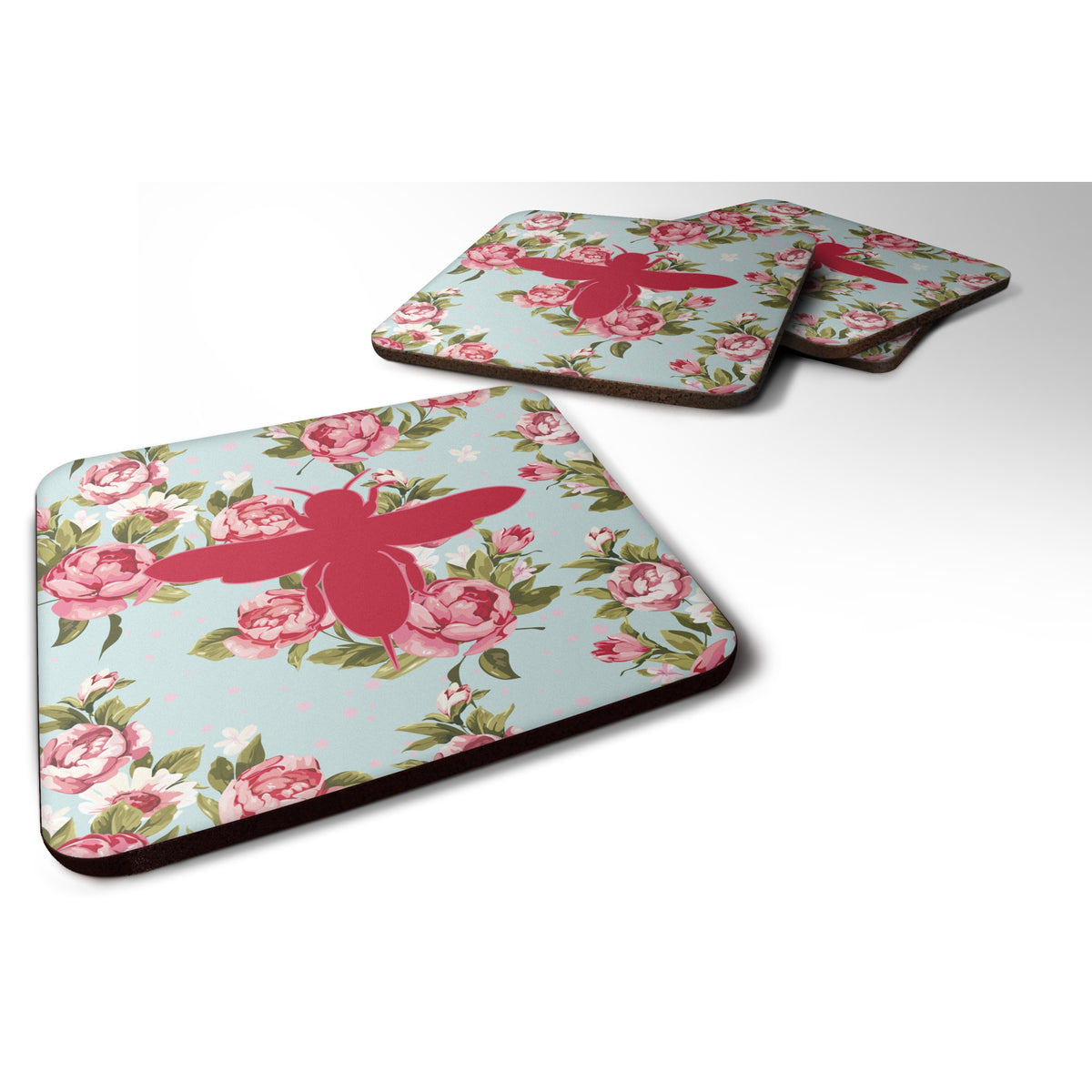 'Caroline'S Treasures Bb1057-Rs-Bu-Fc Bee Shabby Chic Blue Roses Foam Coasters (Set Of 4), 3.5'''' H X 3.5'''' W, Multicolor''