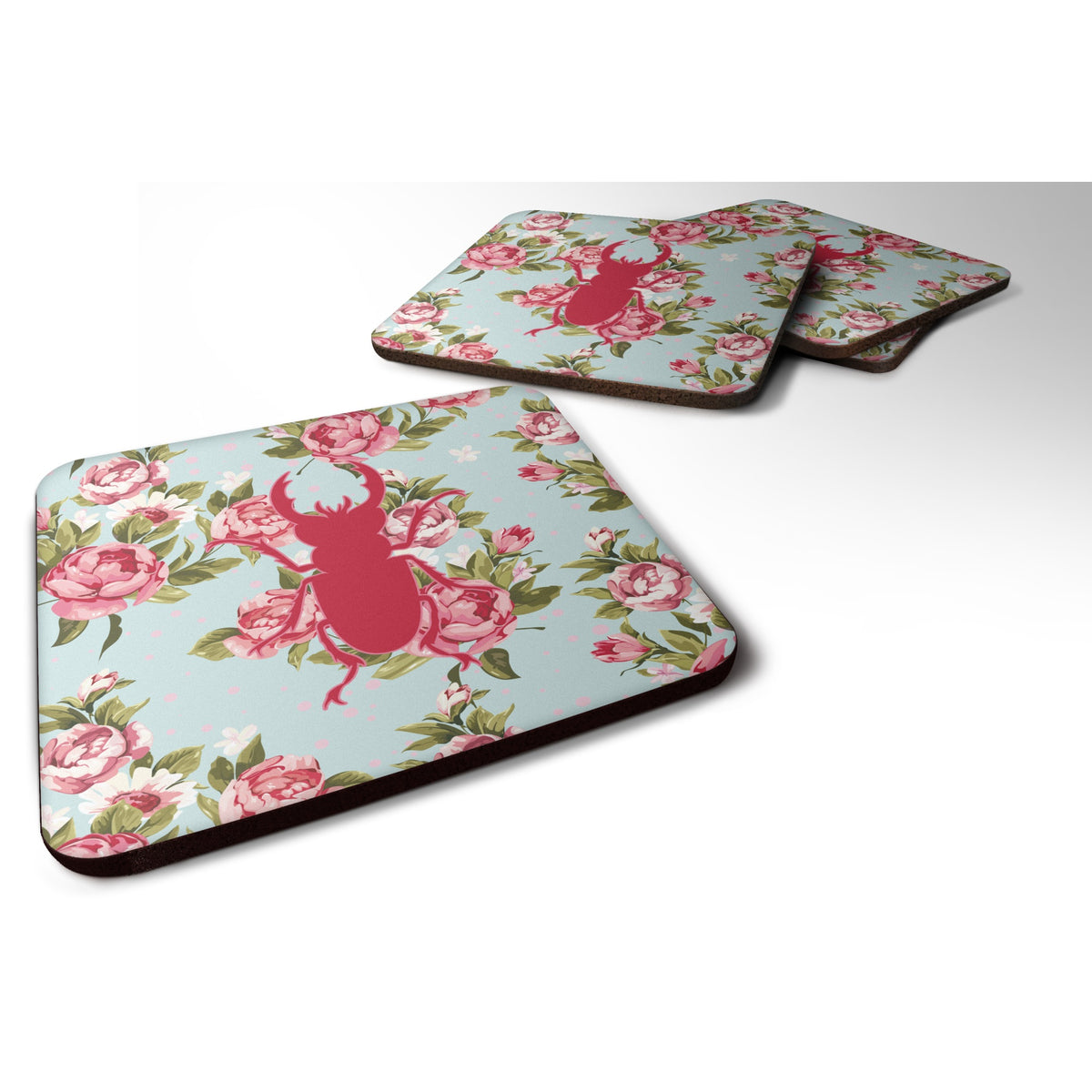 'Caroline'S Treasures Bb1063-Rs-Bu-Fc Beetle Shabby Chic Blue Roses Foam Coasters (Set Of 4), 3.5'''' H X 3.5'''' W, Multicolor