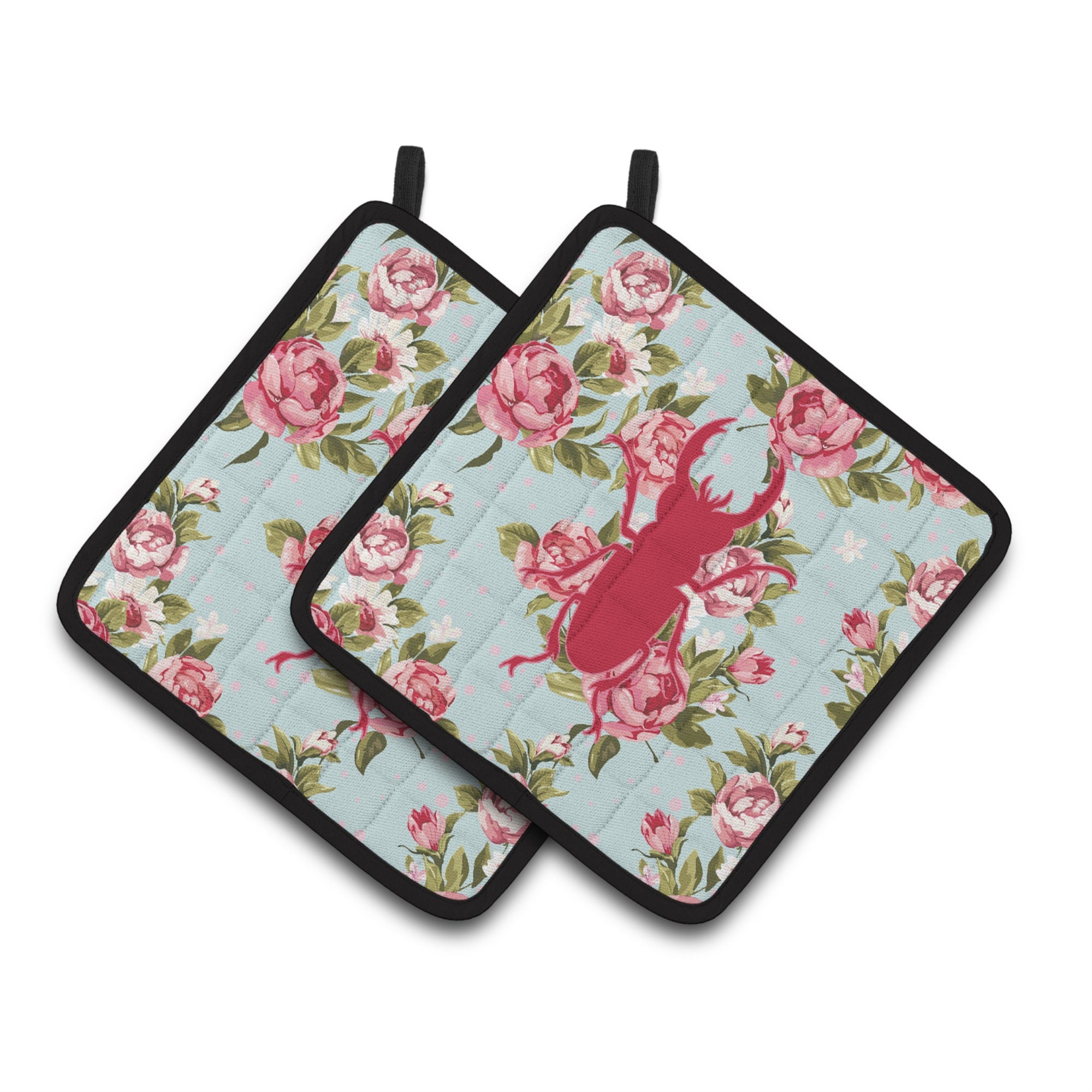 'Caroline'S Treasures Beetle Shabby Chic Blue Roses Pair Of Pot Holders Bb1063-Rs-Bu-Pthd, 7.5Hx7.5W, Multicolor''