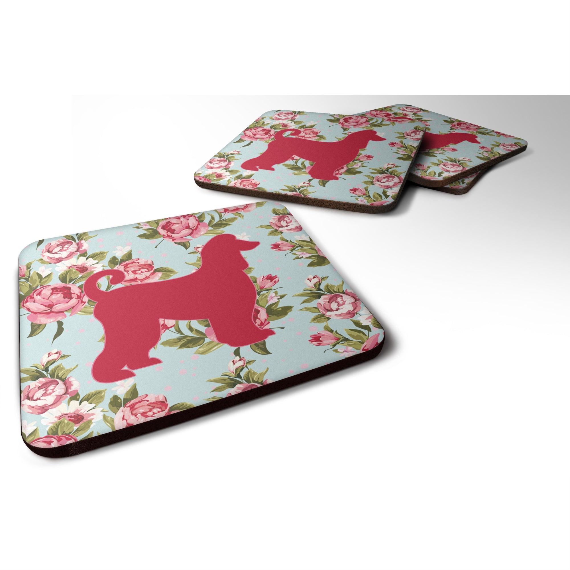 'Caroline'S Treasures Bb1066-Rs-Bu-Fc Afghan Hound Shabby Chic Blue Roses Foam Coasters (Set Of 4), 3.5'''' H X 3.5'''' W, Mult