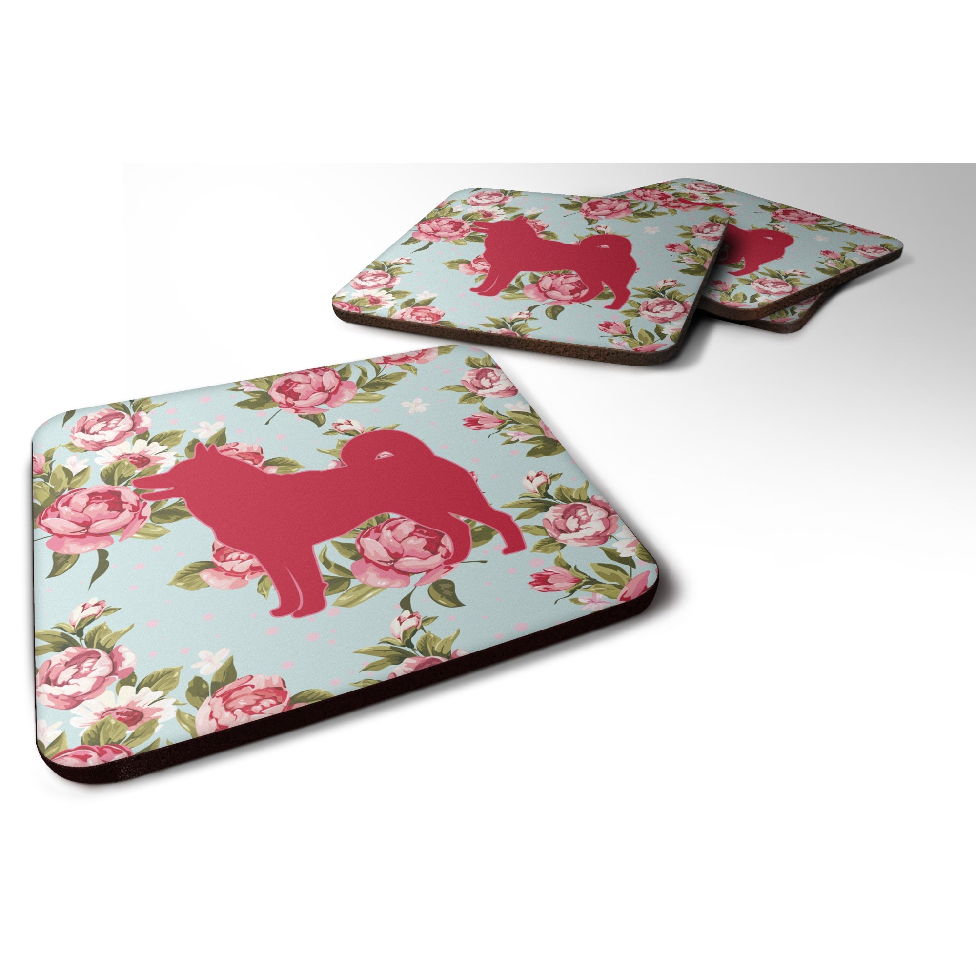 'Caroline'S Treasures Bb1067-Rs-Bu-Fc Shiba Inu Shabby Chic Blue Roses Foam Coasters (Set Of 4), 3.5'''' H X 3.5'''' W, Multico