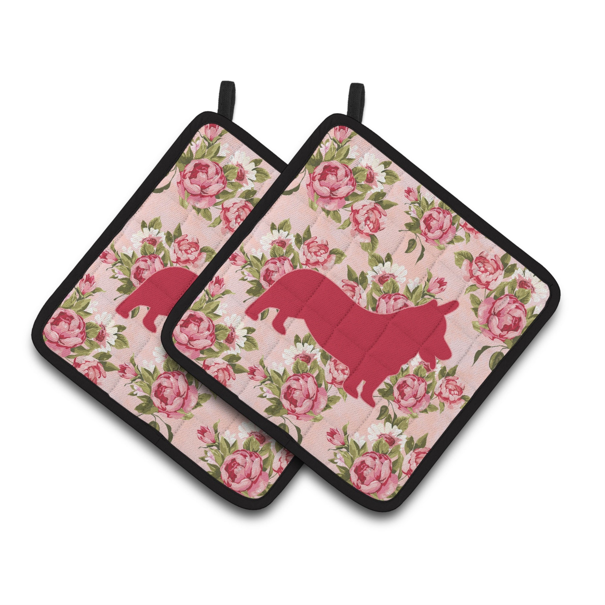 'Caroline'S Treasures Bb1069-Rs-Pk-Pthd Corgi Shabby Chic Pink Roses Pot Holders (1 Pair), 7.5'''' X 7.5'''', Multicolor''