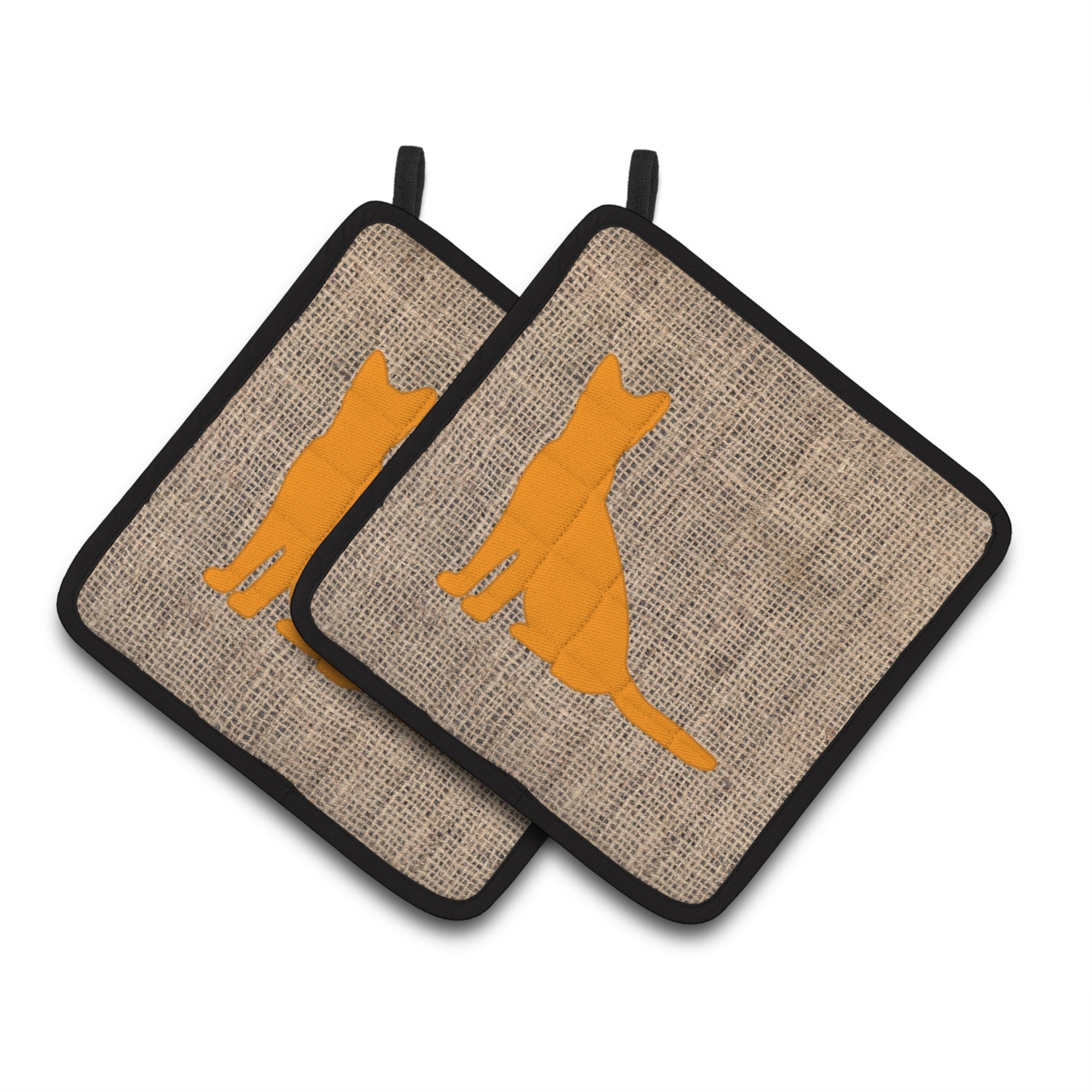 'Caroline'S Treasures Cat Faux Burlap & Orange Pair Of Pot Holders Bb1071-Bl-Or-Pthd, 7.5Hx7.5W, Multicolor''