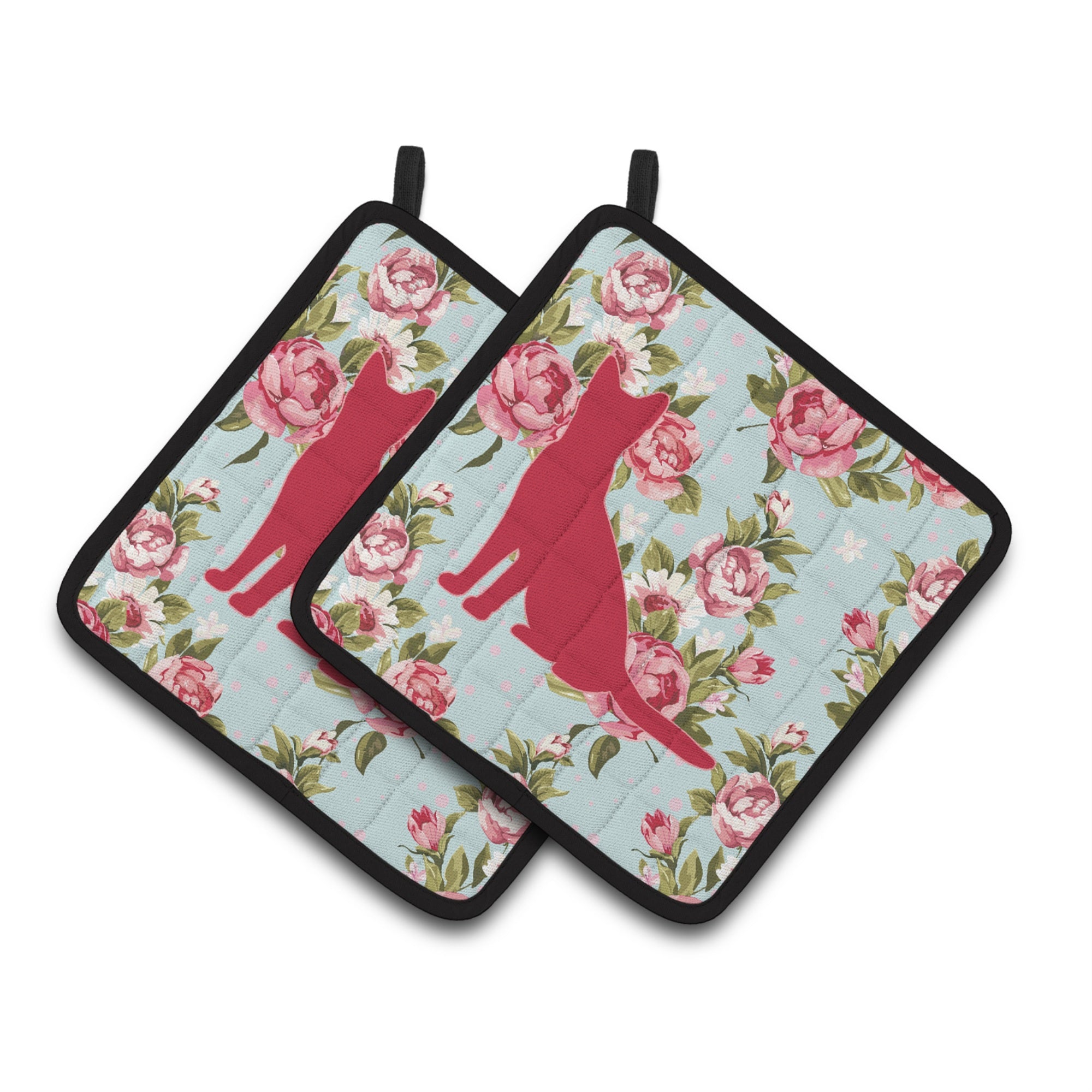 'Caroline'S Treasures Cat Shabby Chic Blue Roses Pair Of Pot Holders Bb1071-Rs-Bu-Pthd, 7.5Hx7.5W, Multicolor''