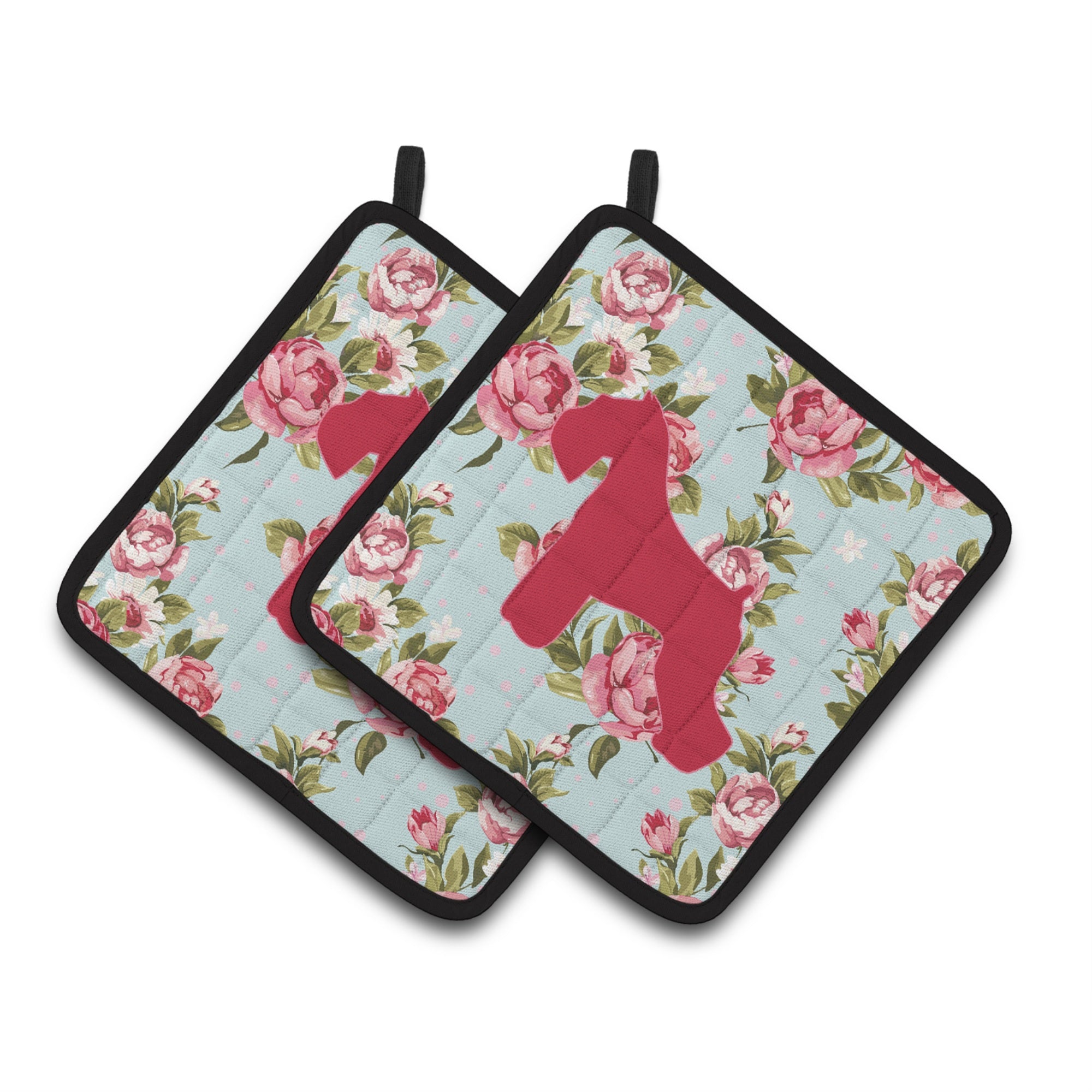 'Caroline'S Treasures Schnauzer Shabby Chic Blue Roses Pair Of Pot Holders Bb1073-Rs-Bu-Pthd, 7.5Hx7.5W, Multicolor''