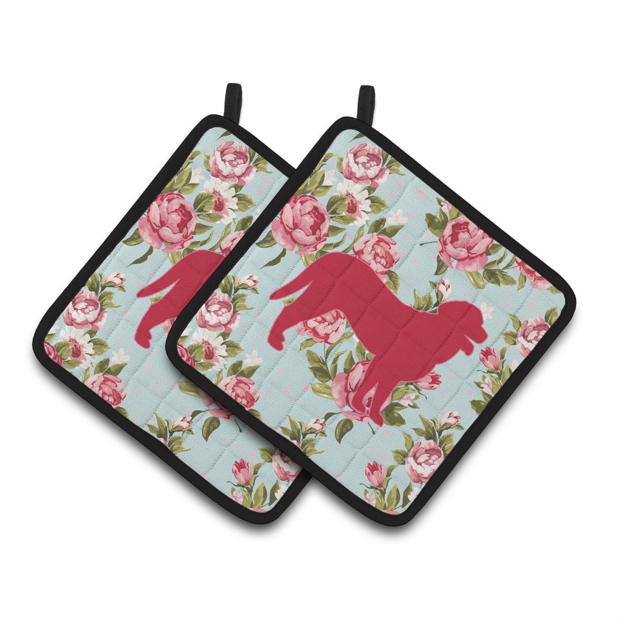 'Caroline'S Treasures Bb1074-Rs-Bu-Pthd Curly Coated Retriever Shabby Chic Blue Roses Pot Holders (1 Pair), 7.5'''' X 7.5'''',