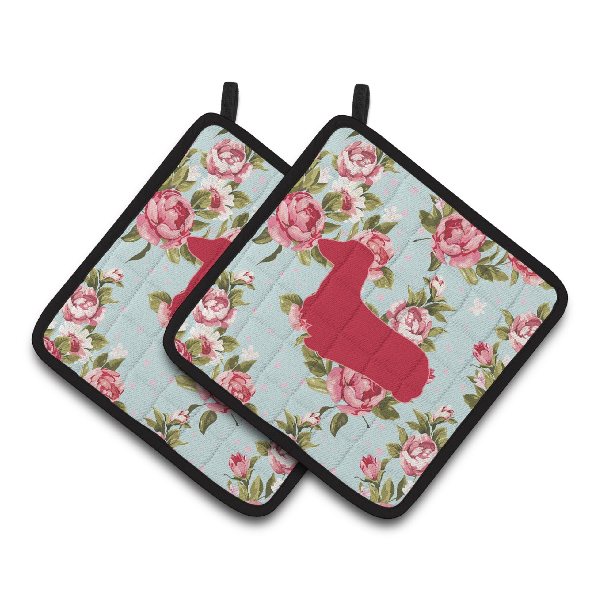 'Caroline'S Treasures Dachshund Shabby Chic Blue Roses Pair Of Pot Holders Bb1078-Rs-Bu-Pthd, 7.5Hx7.5W, Multicolor''