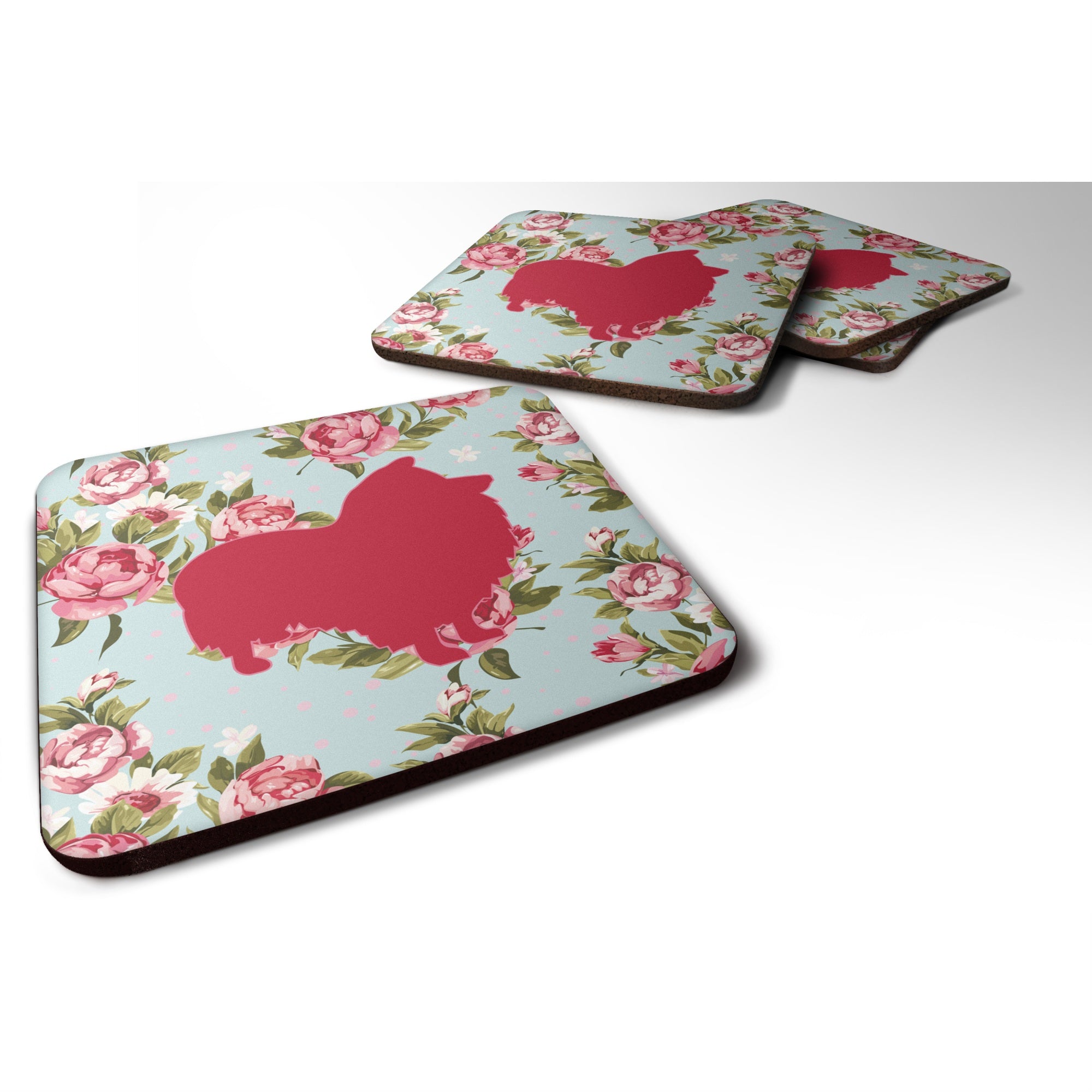 'Caroline'S Treasures Bb1080-Rs-Bu-Fc Sheltie Shabby Chic Blue Roses Foam Coasters (Set Of 4), 3.5'''' H X 3.5'''' W, Multicolo