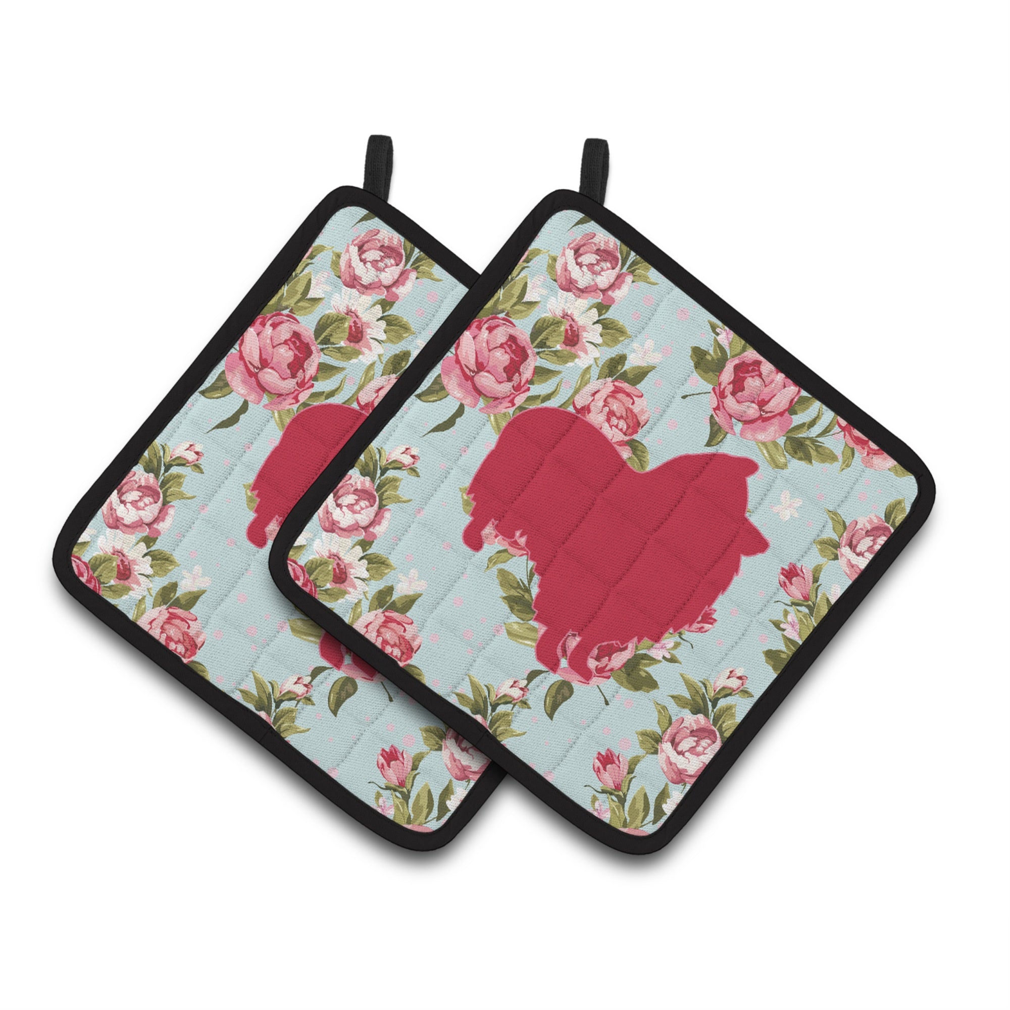 'Caroline'S Treasures Sheltie Shabby Chic Blue Roses Pair Of Pot Holders Bb1080-Rs-Bu-Pthd, 7.5Hx7.5W, Multicolor''