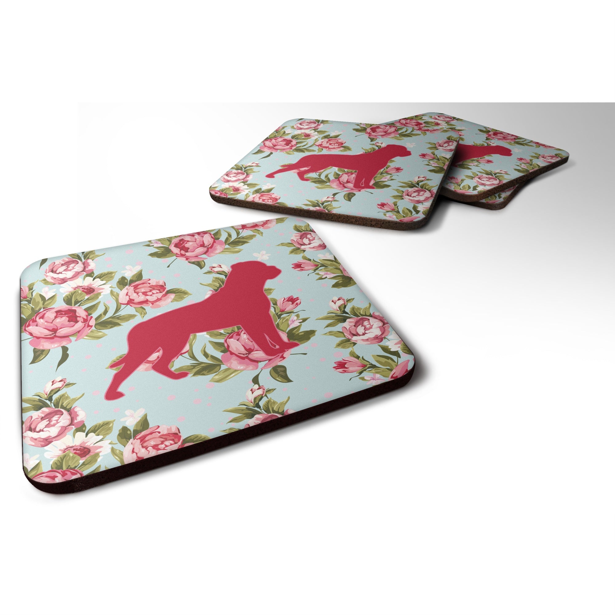 'Caroline'S Treasures Bb1083-Rs-Bu-Fc Rottweiler Shabby Chic Blue Roses Foam Coasters (Set Of 4), 3.5'''' H X 3.5'''' W, Multic