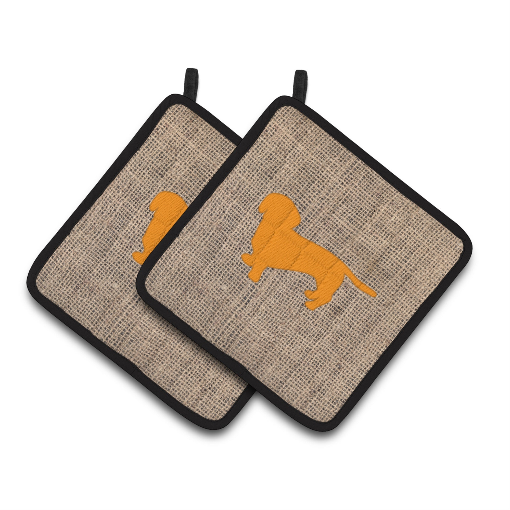 'Caroline'S Treasures Dachshund Faux Burlap & Orange Pair Of Pot Holders Bb1088-Bl-Or-Pthd, 7.5Hx7.5W, Multicolor''