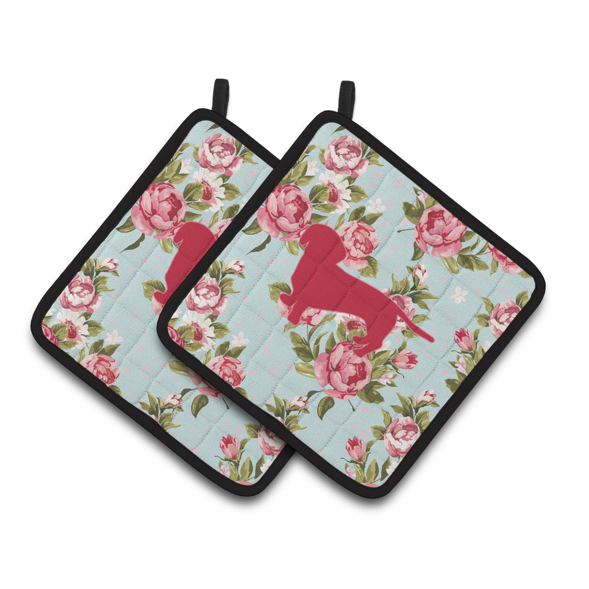 'Caroline'S Treasures Dachshund Shabby Chic Blue Roses Pair Of Pot Holders Bb1088-Rs-Bu-Pthd, 7.5Hx7.5W, Multicolor''
