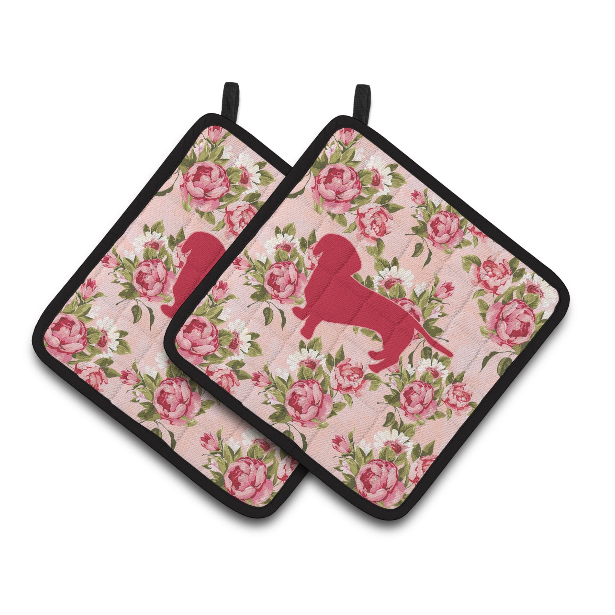 'Caroline'S Treasures Dachshund Shabby Chic Pink Roses Pair Of Pot Holders Bb1088-Rs-Pk-Pthd, 7.5Hx7.5W, Multicolor''